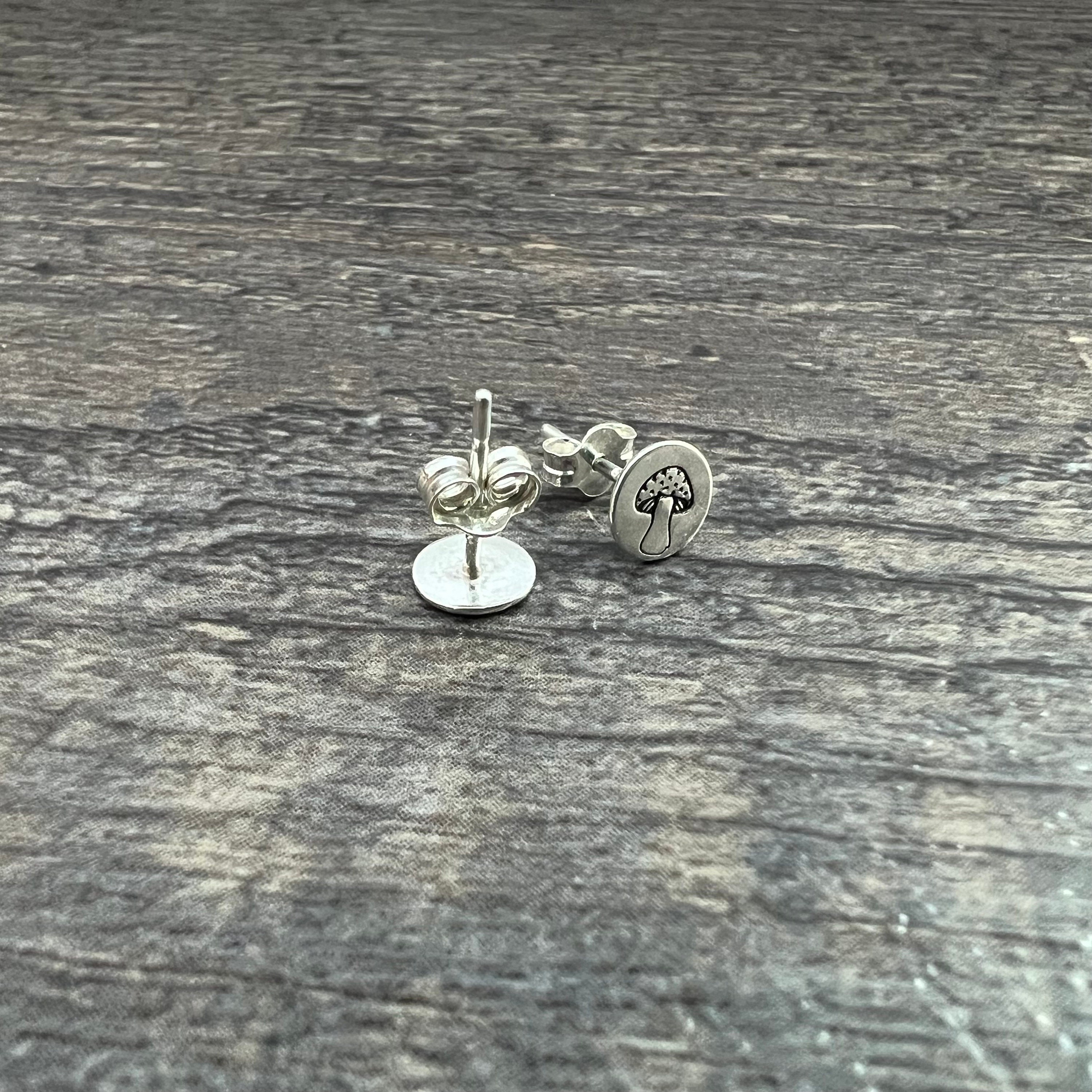 Sterling Silver Mushroom Stud Earrings - Hand Stamped Gift, view 2