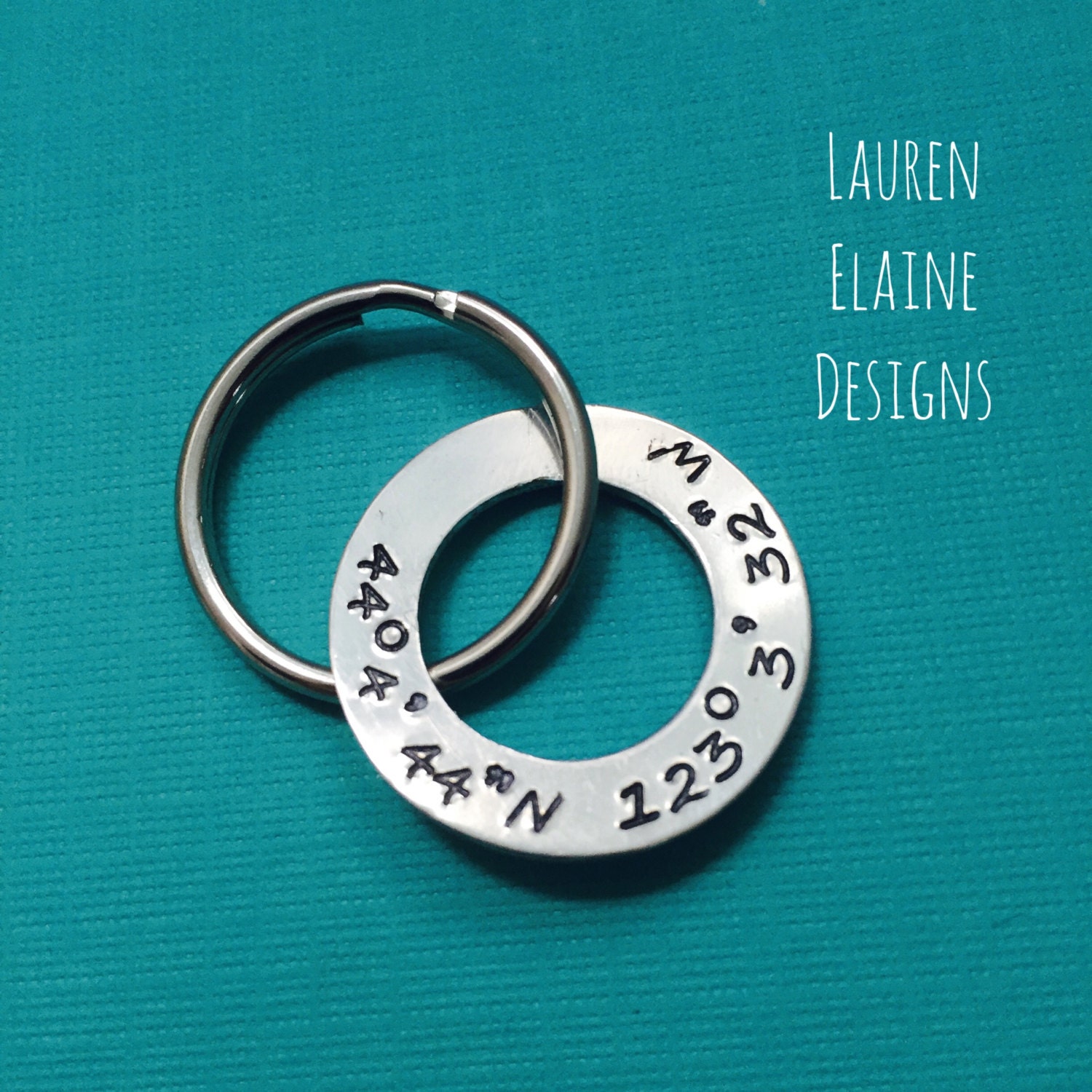 Hand Stamped Coordinates Keychain: Custom Copper, Aluminum, or Brass Washer, view 2
