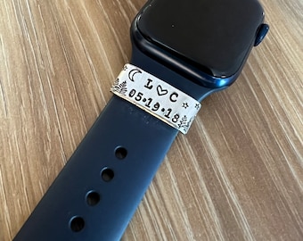 Custom Silver Watch Band Charm Tag -Personalized Hand Stamped Smart Watch Band Charm or Tag- Anniversary Gift, Gift for Her, Coordinates