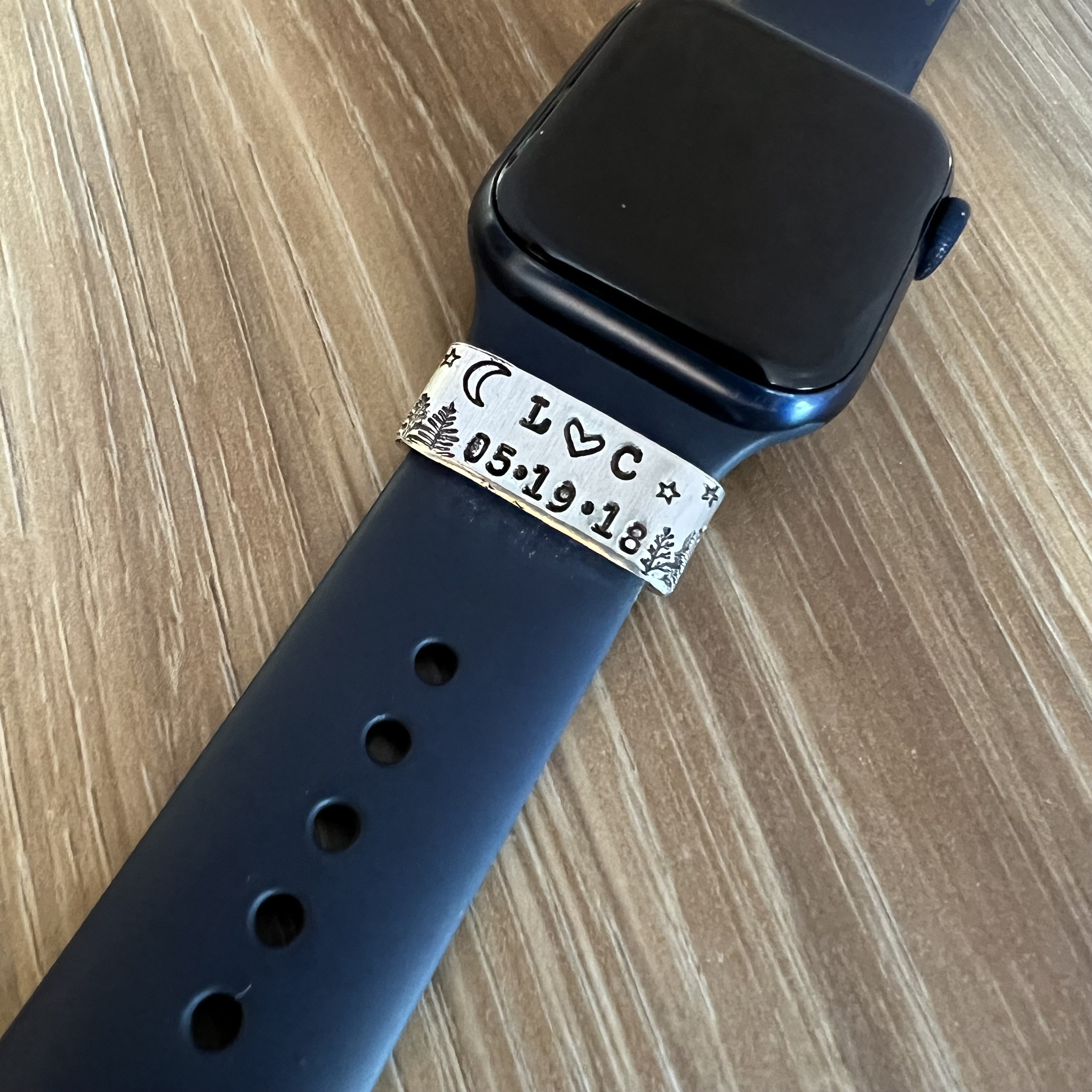 Custom Silver Watch Band Charm Tag -Personalized Hand Stamped Smart Watch Band Charm or Tag- Anniversary Gift, Gift for Her, Coordinates