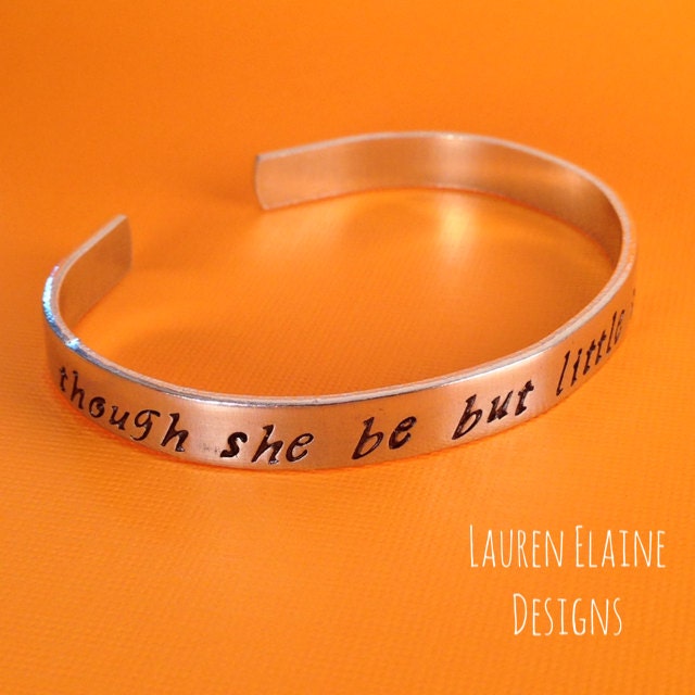 Though She Be But Little She Is Fierce- Shakespeare Quote- Hand Stamped Cuff Bracelet, view 2
