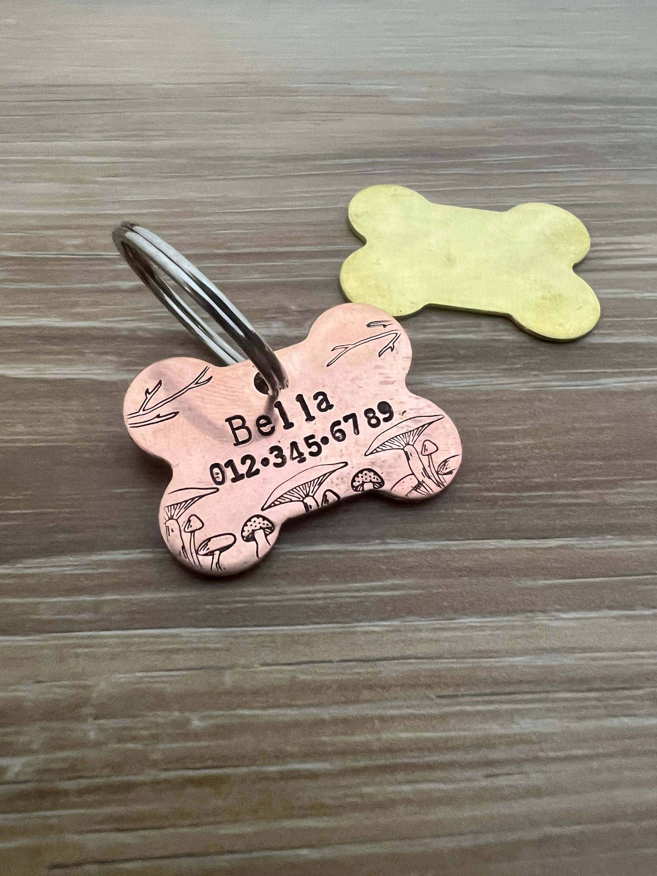 Custom Mushroom Forest Design Brass or Copper Dog Bone Pet ID Tag
