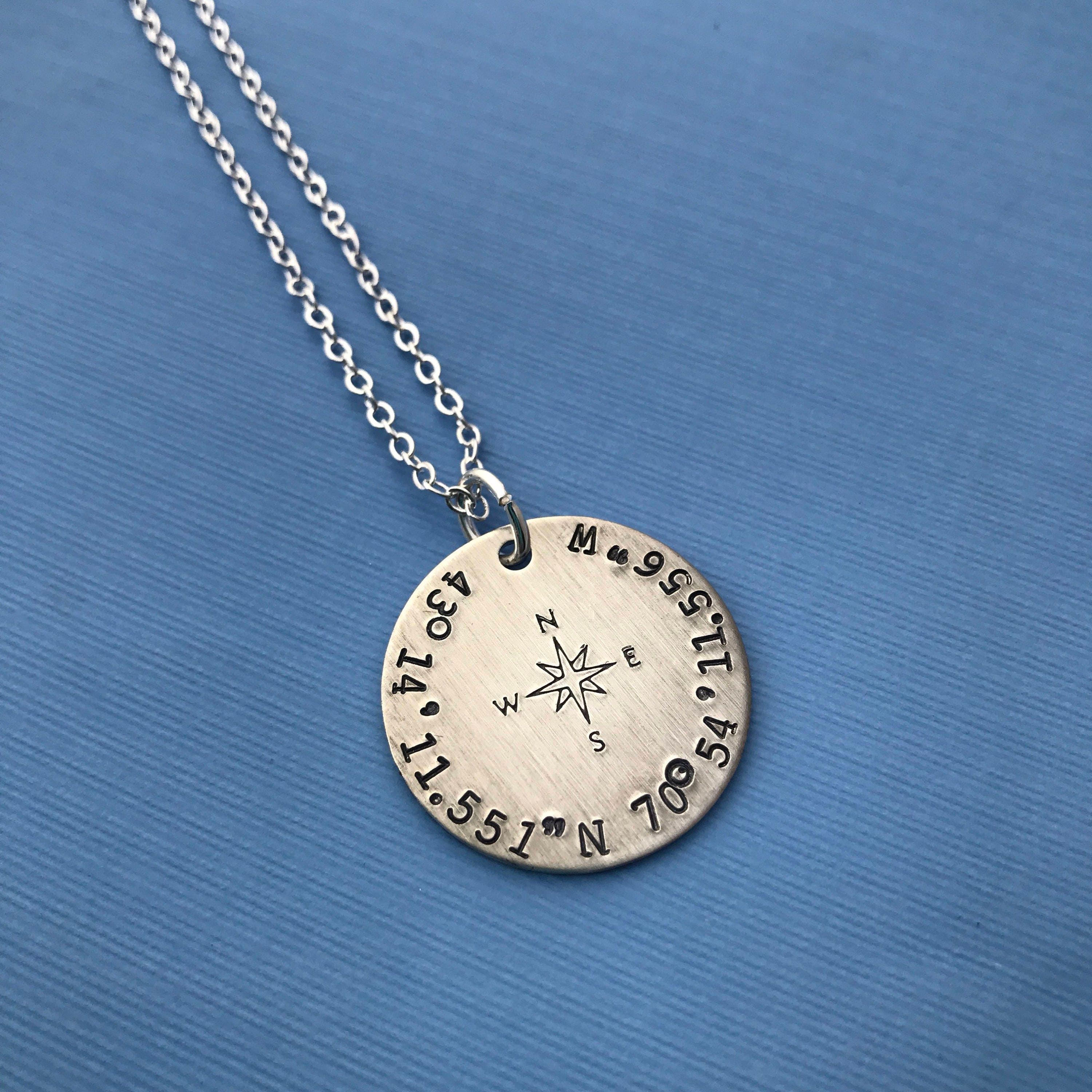 Custom Latitude Longitude Necklace With Compass Rose- Hand Stamped 1 inch Circle Necklace-, view 3