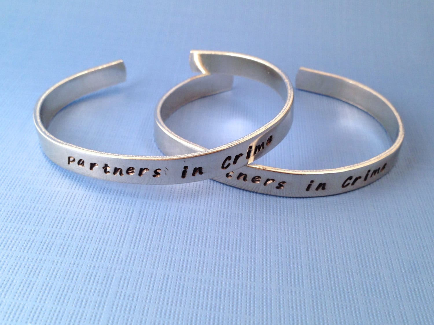 Partners in Crime Bracelet Set- Hand Stamped Best Friend Cuff Bracelets- In Aluminum, Copper, Brass, Sterling Silver, view 3