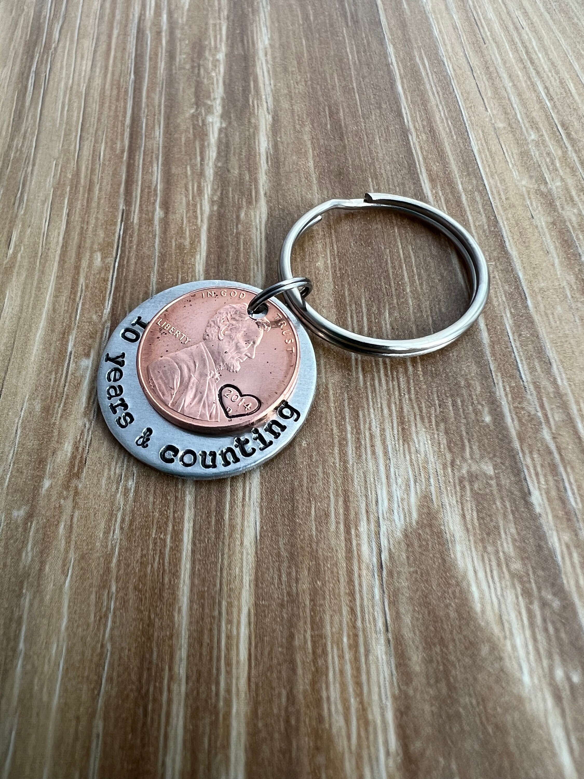 Hand Stamped Anniversary Penny Keychain: Personalized Aluminum Couples Gift, view 2