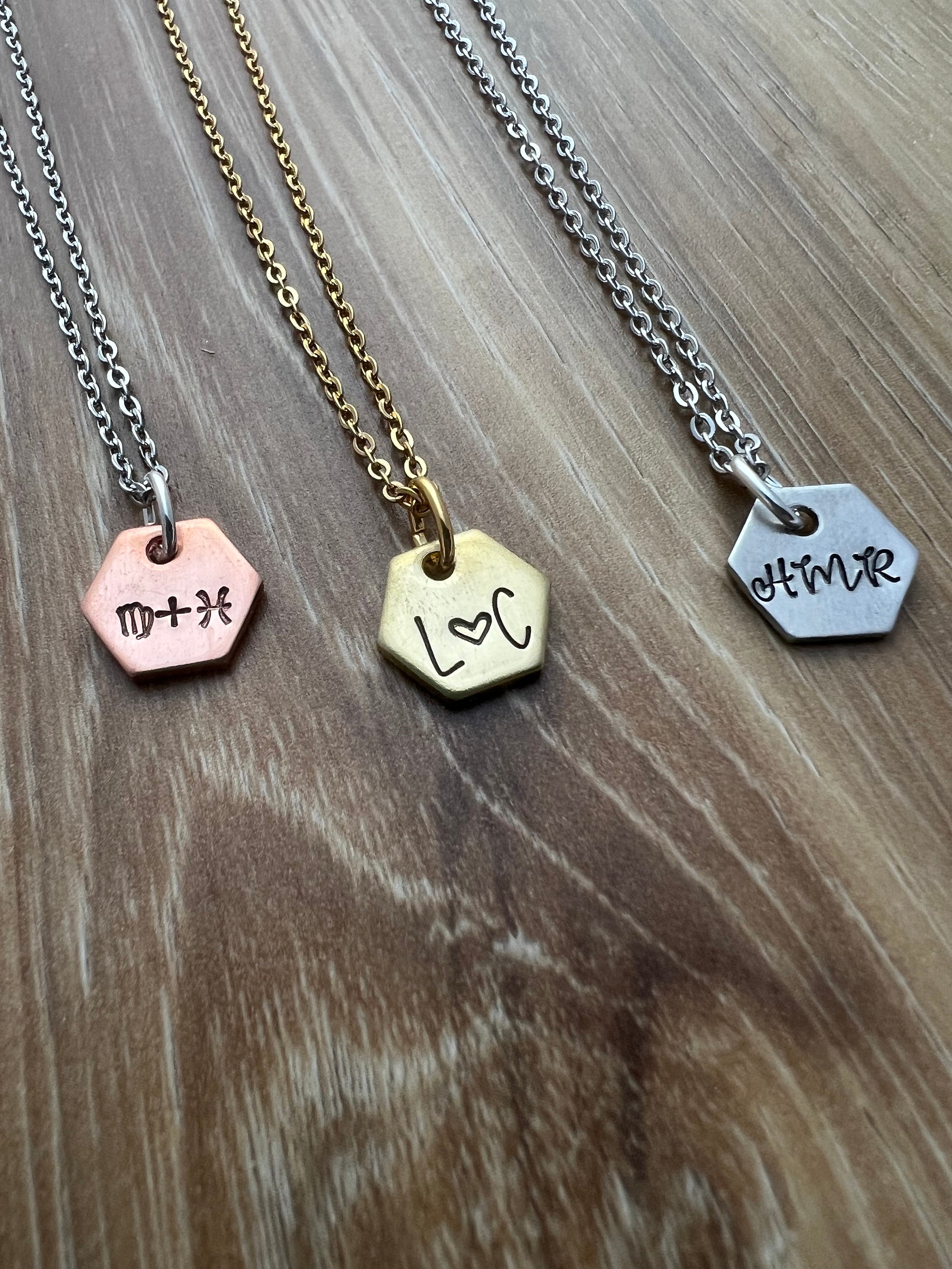 Custom Hand Stamped Hexagon Necklace: Personalized Initial Charm