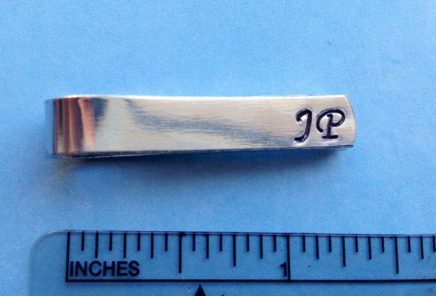 Custom Tiny Tie Bar- Youth or Skinny Tie Size- Hand Stamped Aluminum Wedding Gift- Choose Your Phrase & Font, view 4