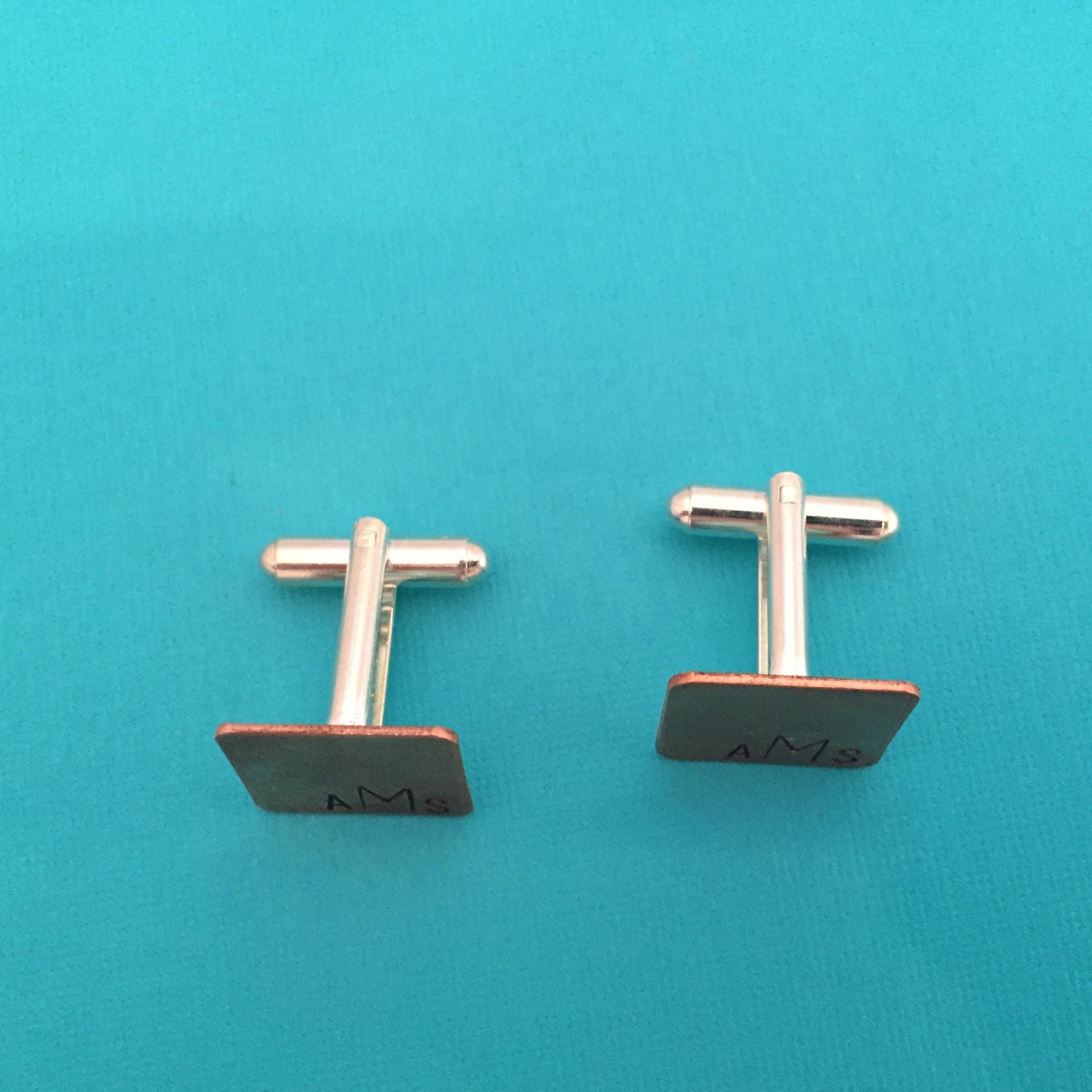 Custom Hand Stamped Copper Cuff Links: Personalized Initials, Date, view 2