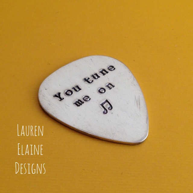 Hand Stamped Guitar Pick: "You Tune Me On" - Brass, Copper, or Aluminum, view 2