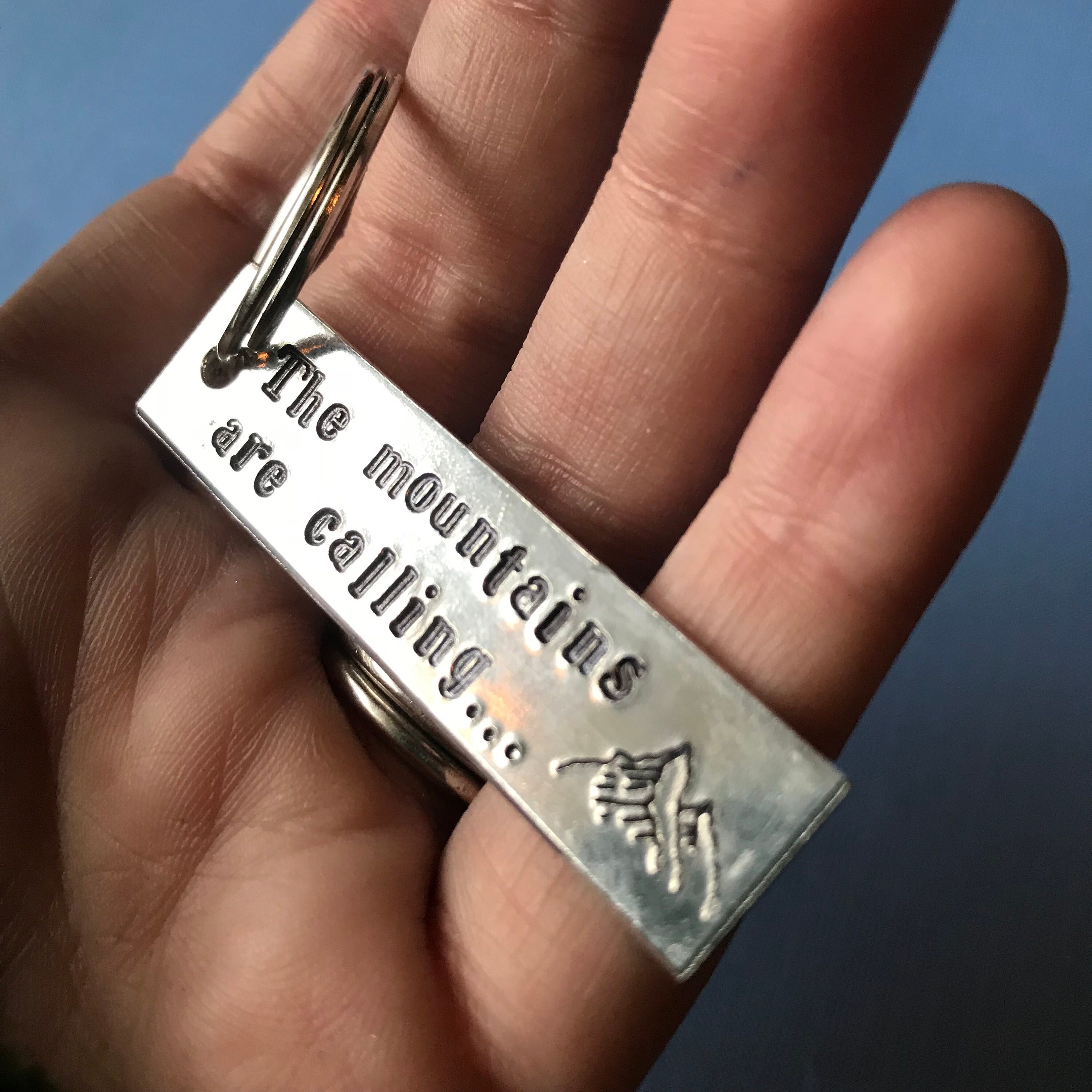 The Mountains Are Calling- Hand Stamped Aluminum Keychain, view 3