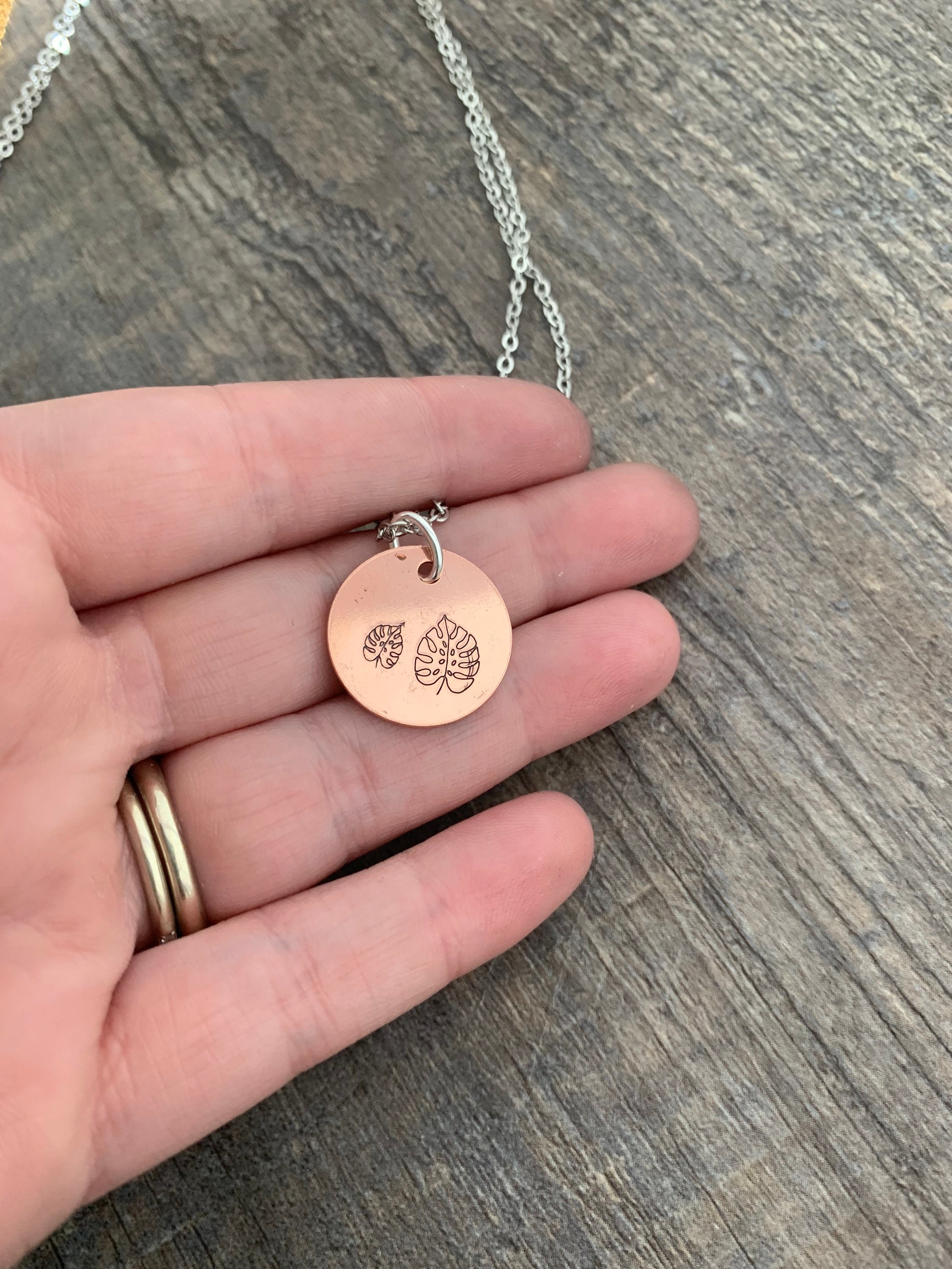 Hand Stamped Plant Necklace: Pothos, Monstera, Spider Plant Charm, view 4