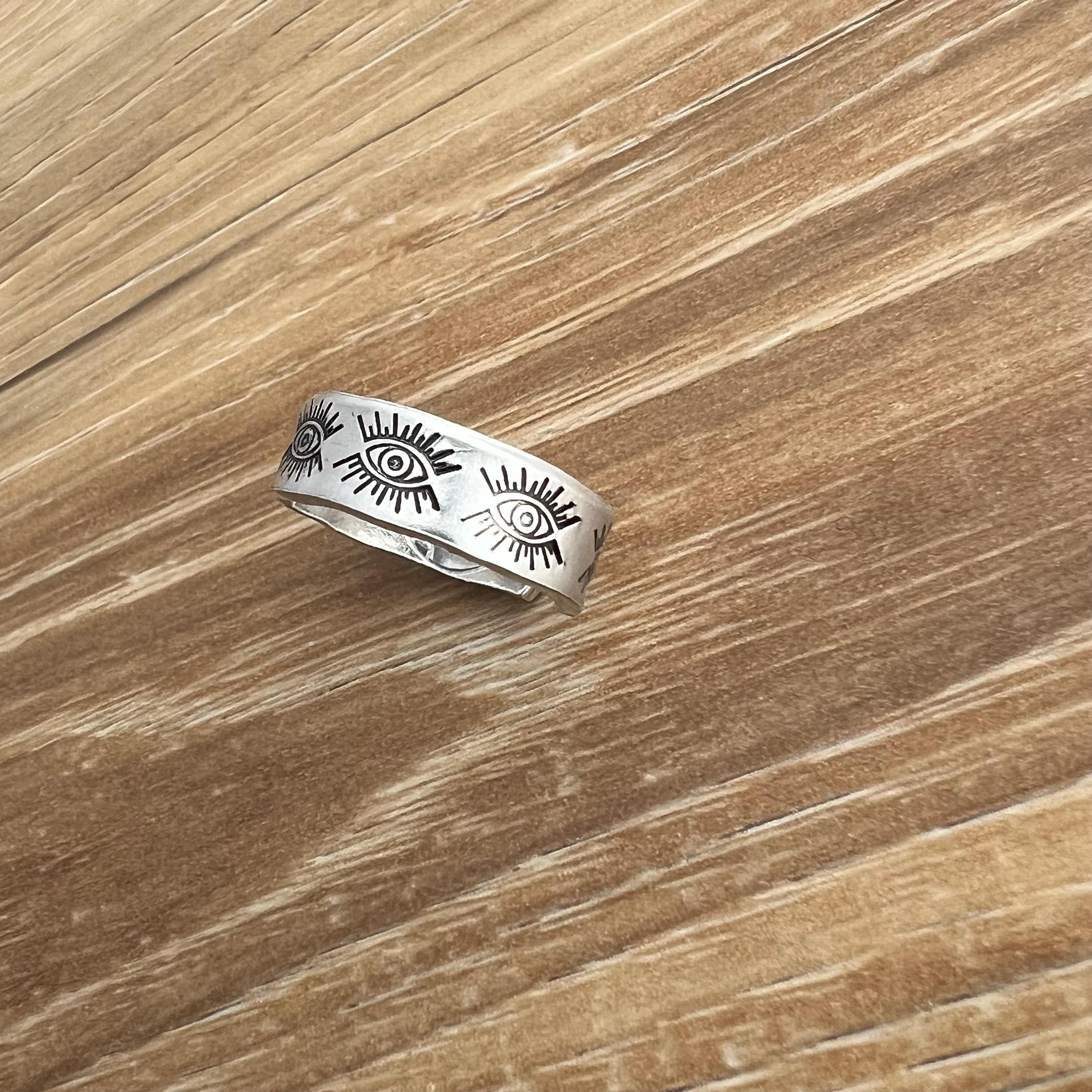 Evil Eye Pattern Ring- Hand Stamped Aluminum Ring, view 4
