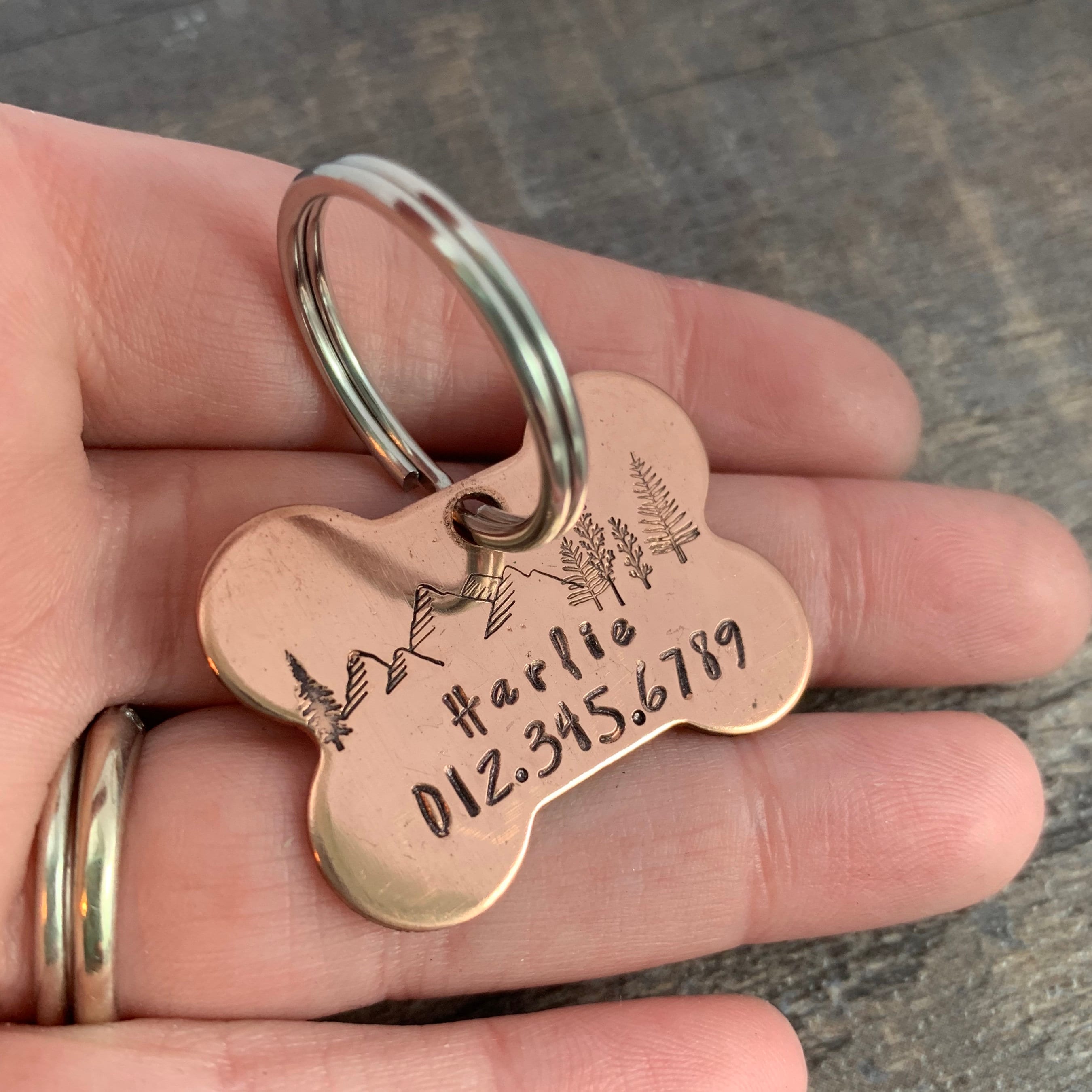 Custom Hand Stamped Mountain and Forest Copper Dog Bone Pet ID Tag, view 3