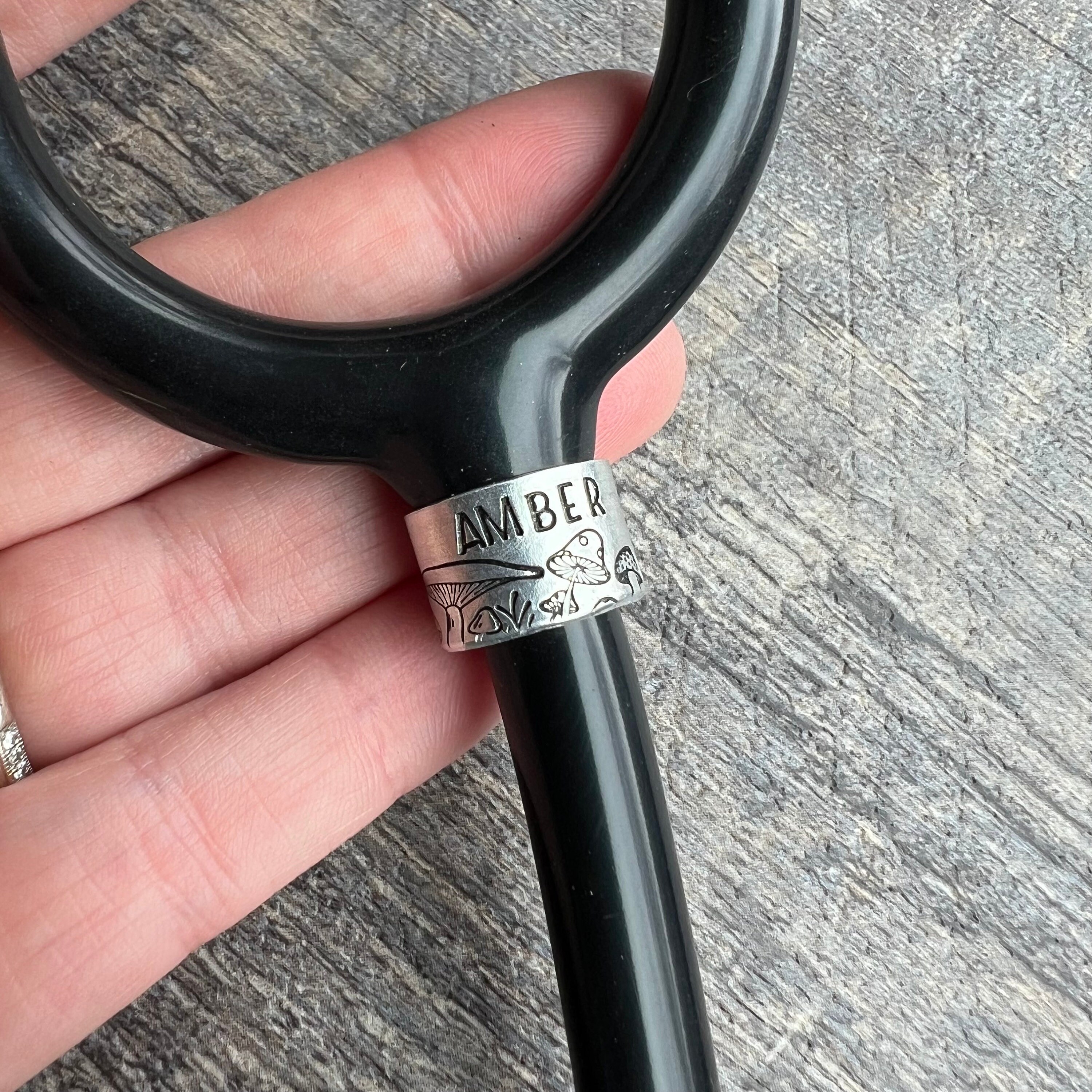 Mushroom Forest Stethoscope Tag: Custom Hand Stamped Aluminum Name Tag, view 5