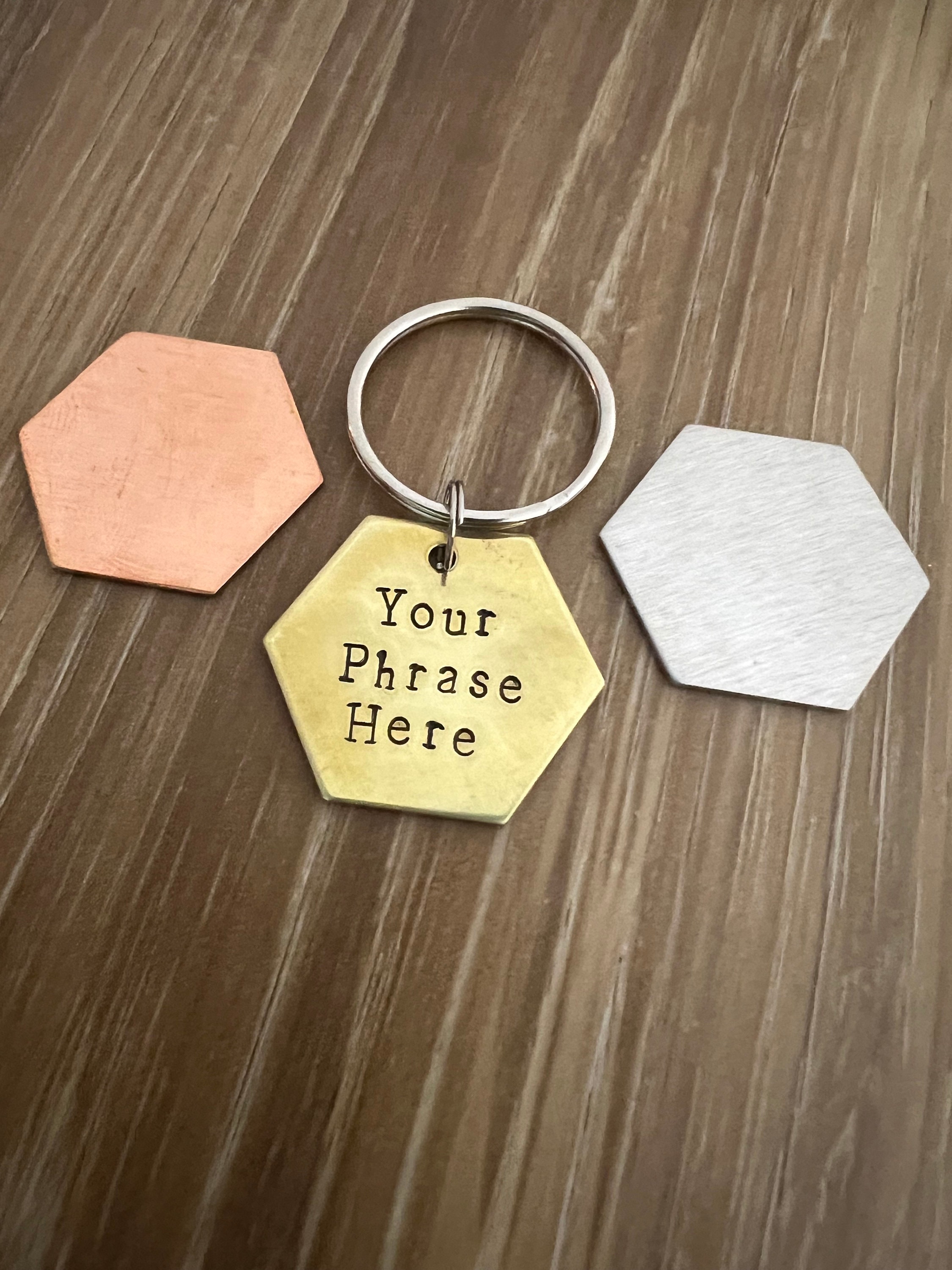 Personalized Hand Stamped 1" Hexagon Geometric Keychains- You Personalize- In Aluminum, Brass, or Copper