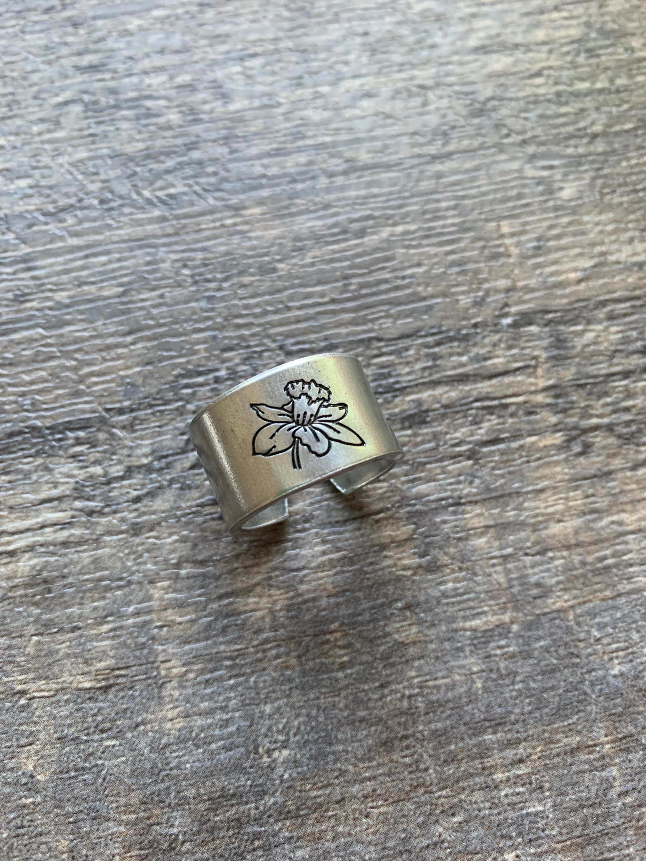 Birth Flower Hand Stamped Aluminum Ring, view 5