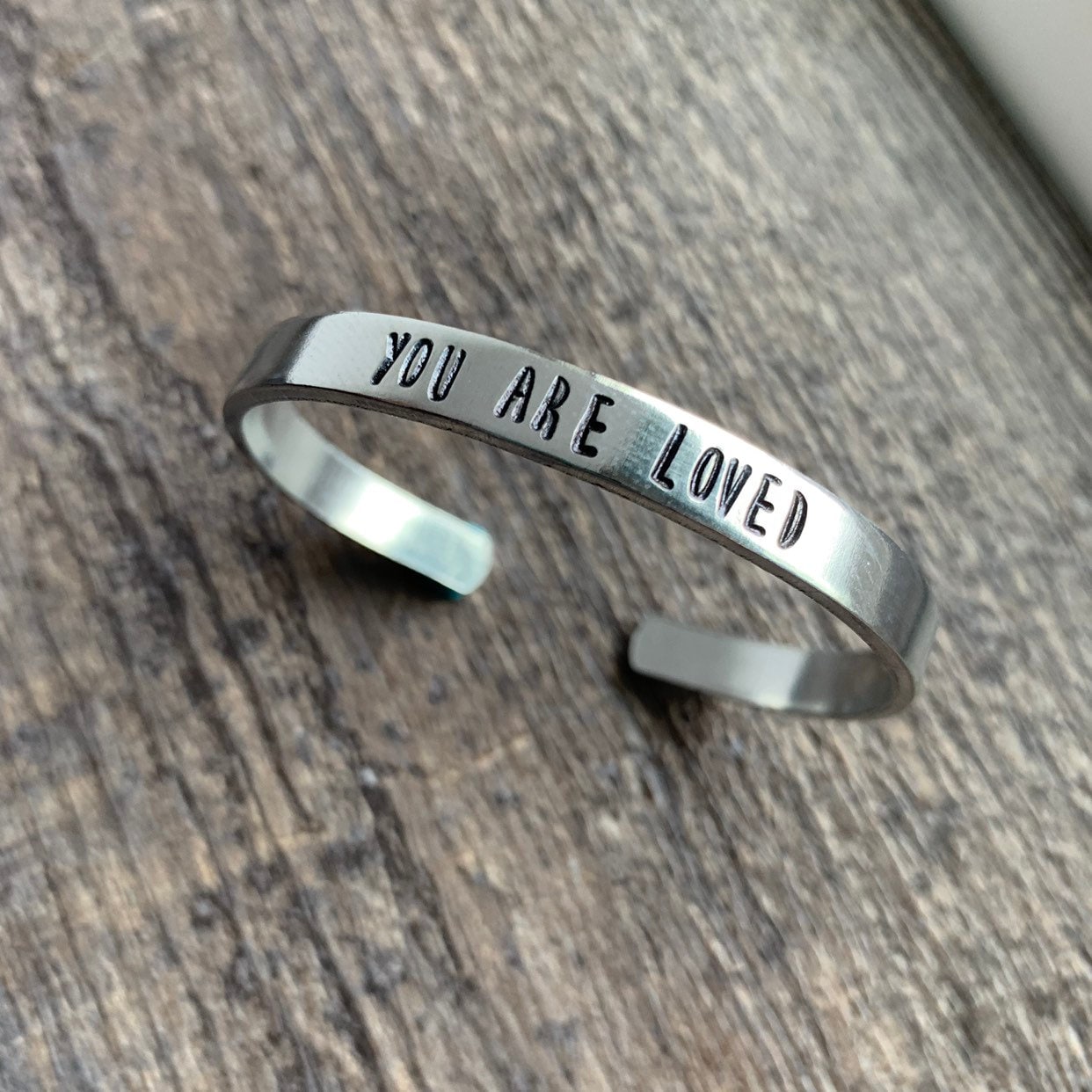 You Are Loved- Hand Stamped Cuff Bracelet- In Aluminum, Copper, Brass, Sterling Silver