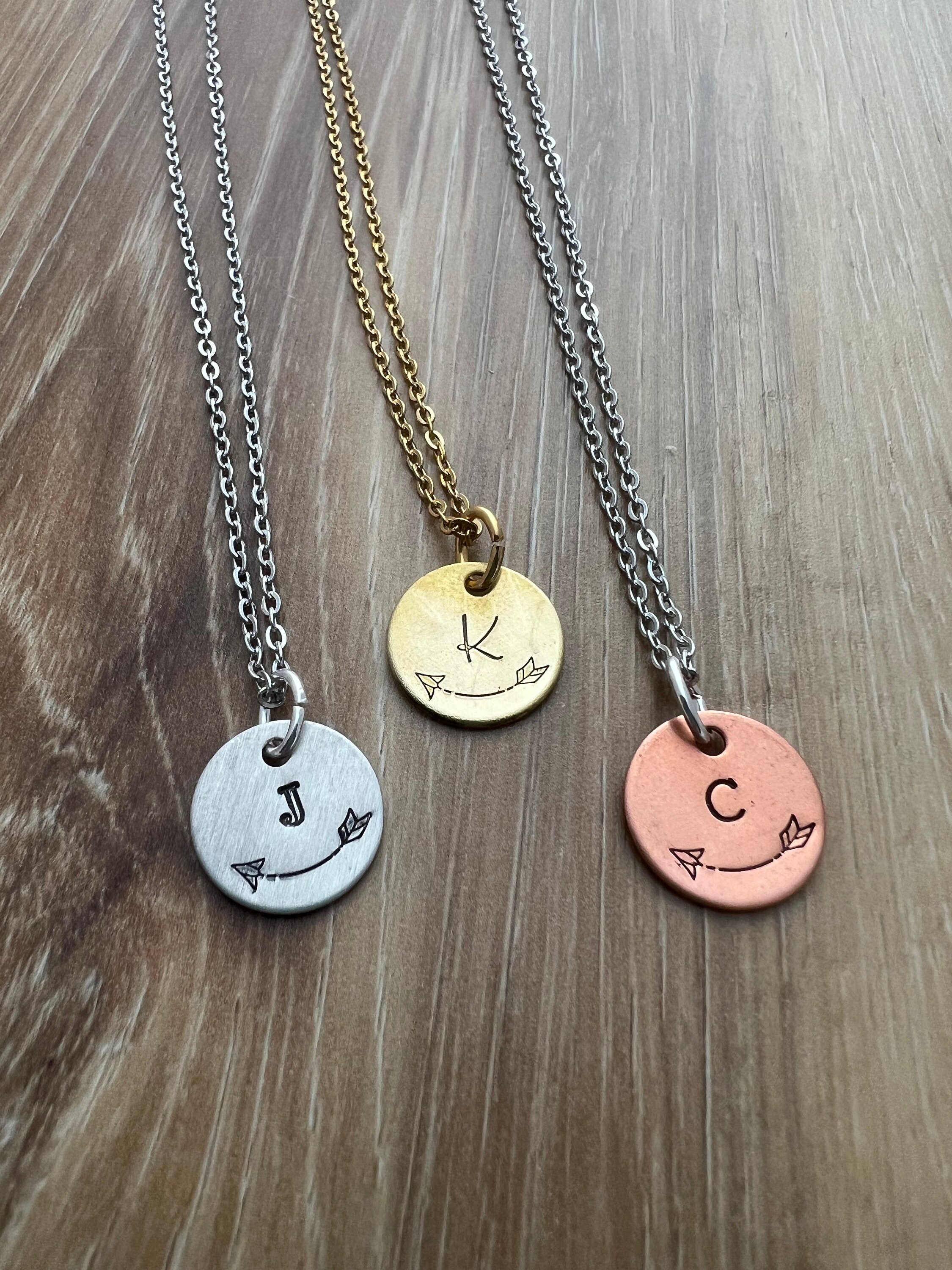 Custom Arrow Initial Hand Stamped Charm Necklace- Gift for Mom Grandma Bridesmaids, view 3