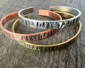 Pine Tree Forest Bracelet- Add Hidden Message - Hand Stamped Cuff Bracelet- Aluminum, Copper, Brass, or Sterling Silver