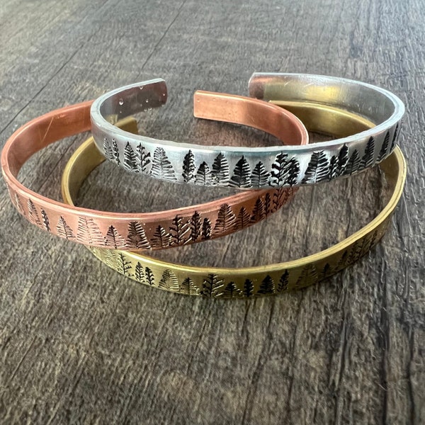Pine Tree Forest Bracelet- Add Hidden Message - Hand Stamped Cuff Bracelet- Aluminum, Copper, Brass, or Sterling Silver