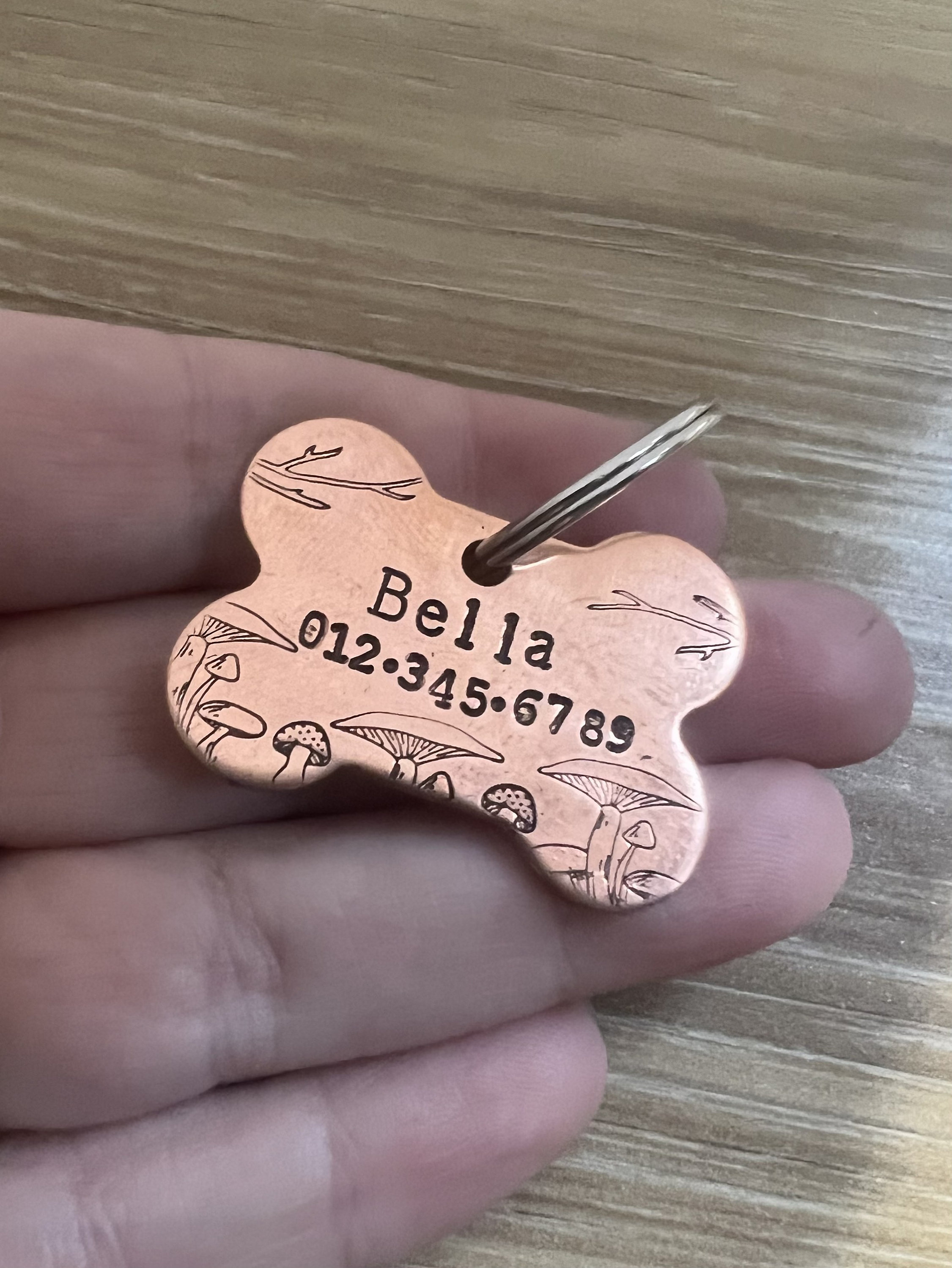 Custom Mushroom Forest Design Brass or Copper Dog Bone Pet ID Tag, view 3