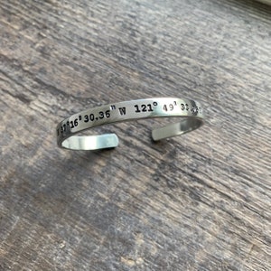 Coordinates Hand Stamped Cuff Bracelet- Latitude Longitude GPS- In Aluminum, Copper, Brass, Sterling Silver