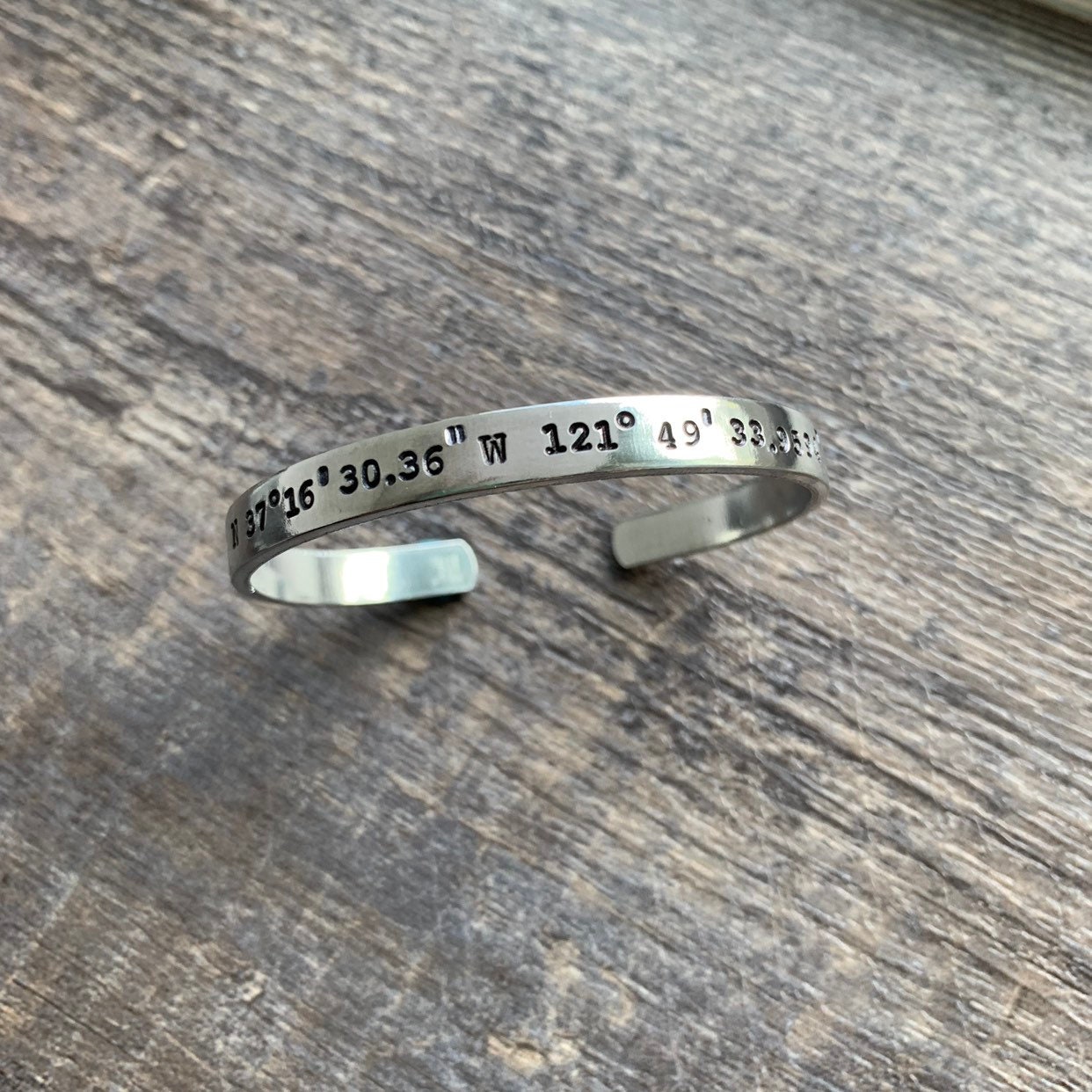 Coordinates Hand Stamped Cuff Bracelet- Latitude Longitude GPS- In Aluminum, Copper, Brass, Sterling Silver