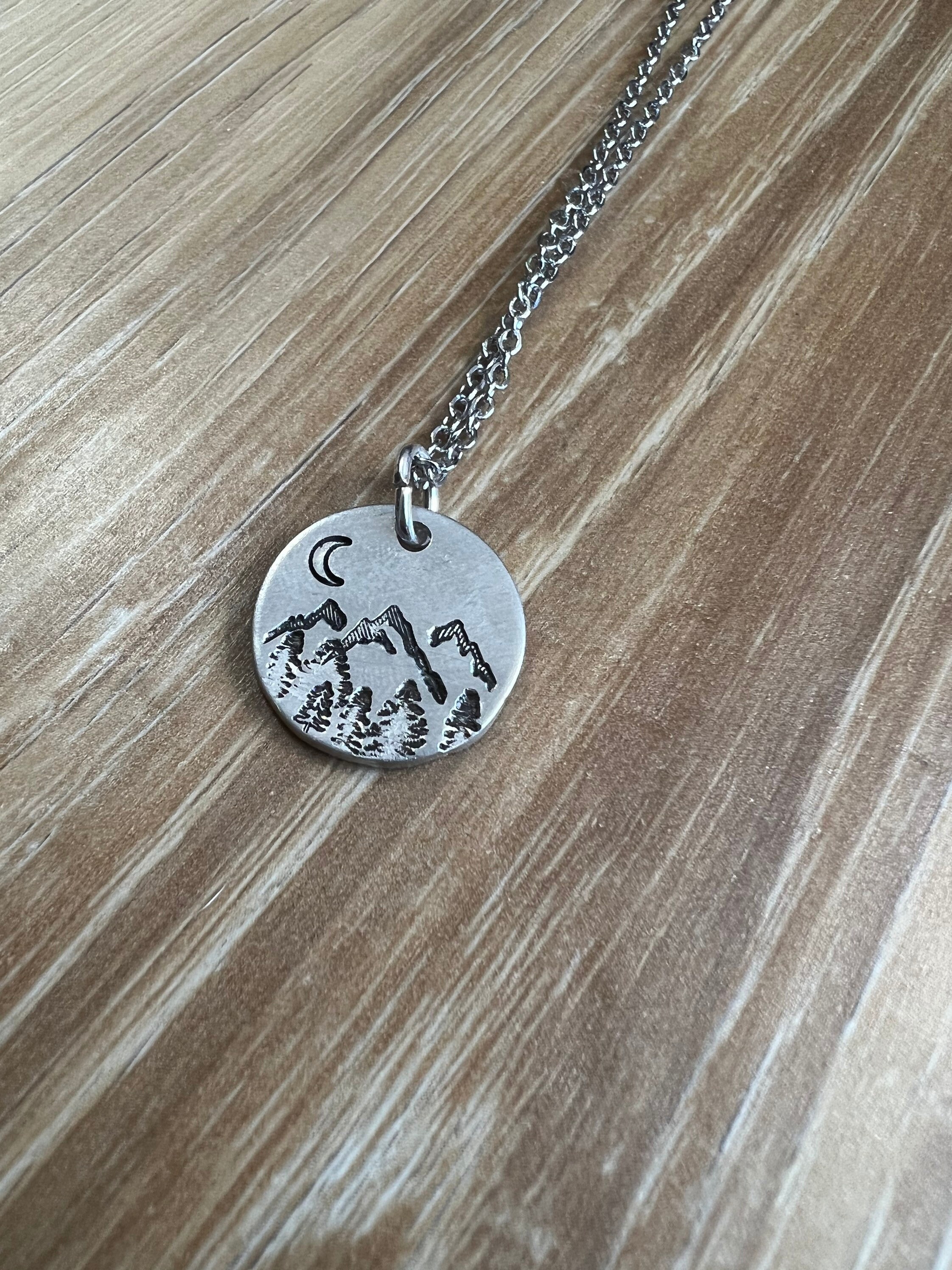 Mountain and Moon Necklace- Hand Stamped Aluminum, Copper, or Brass Charm Necklace, view 4