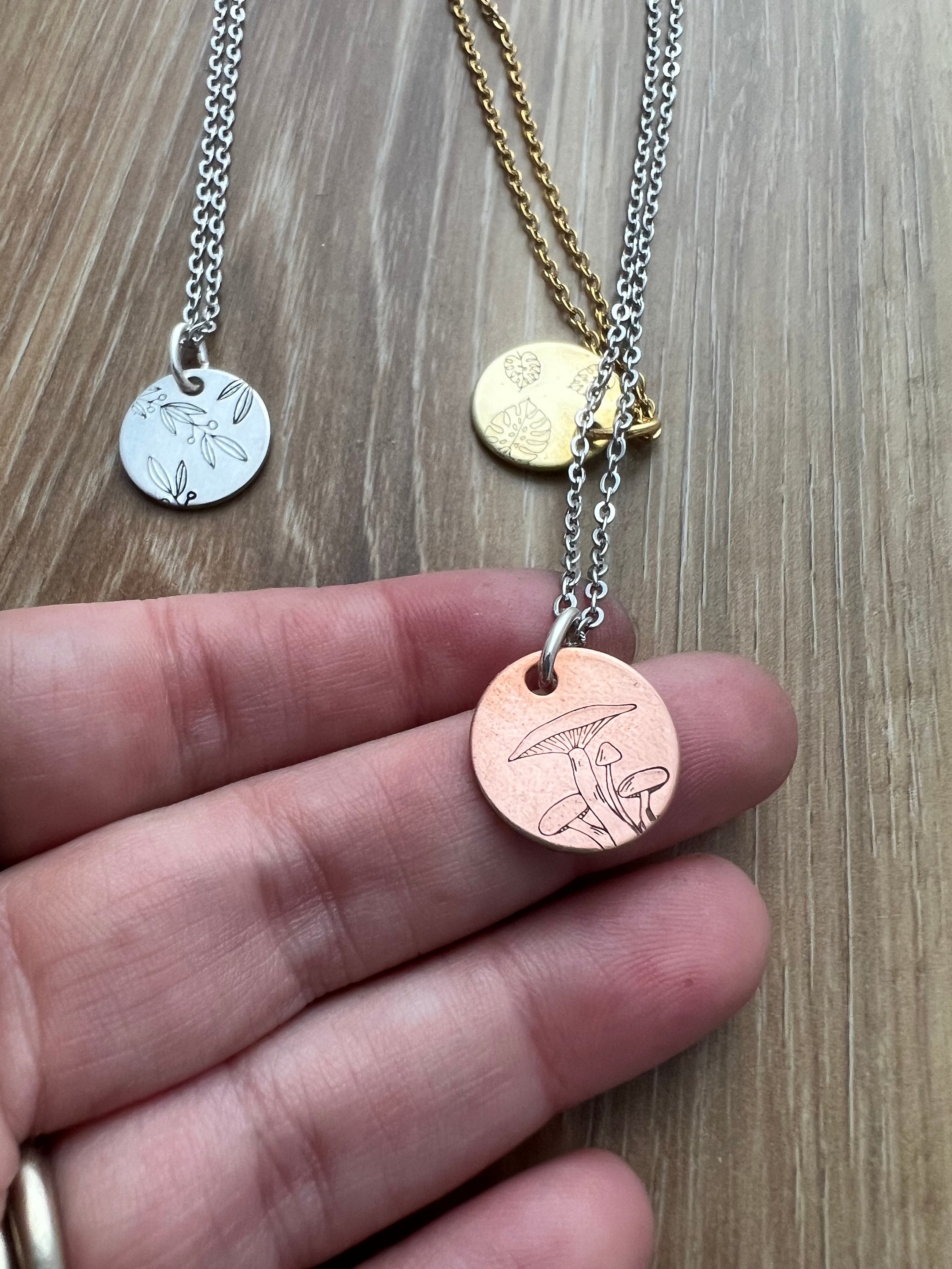 Hand Stamped Charm Necklace: Foliage, Mushroom, Monstera Leaf, view 4