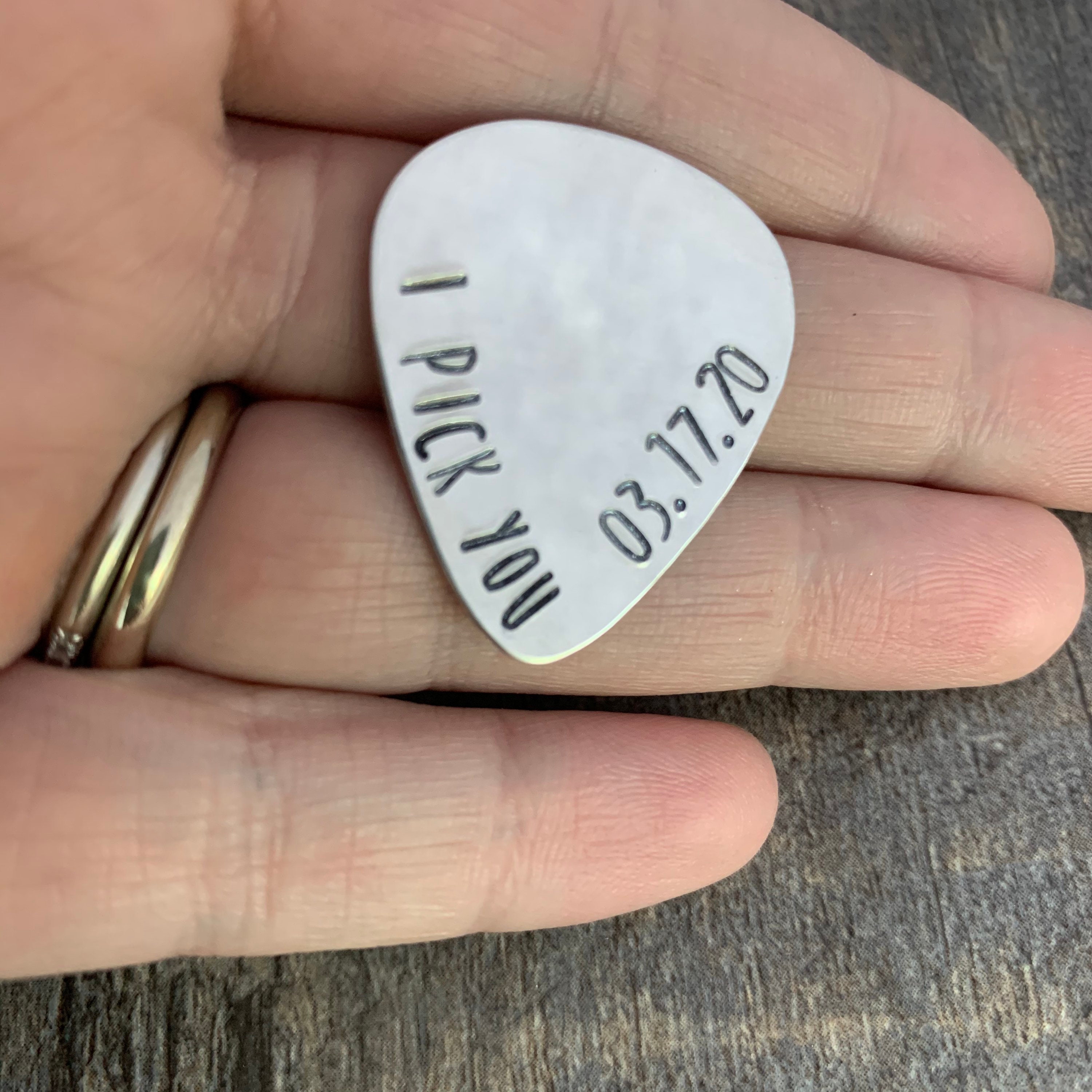 I Pick You Anniversary Date Hand Stamped Guitar Pick- Pick Your Own Font- In Brass, Copper, or Aluminum, view 3