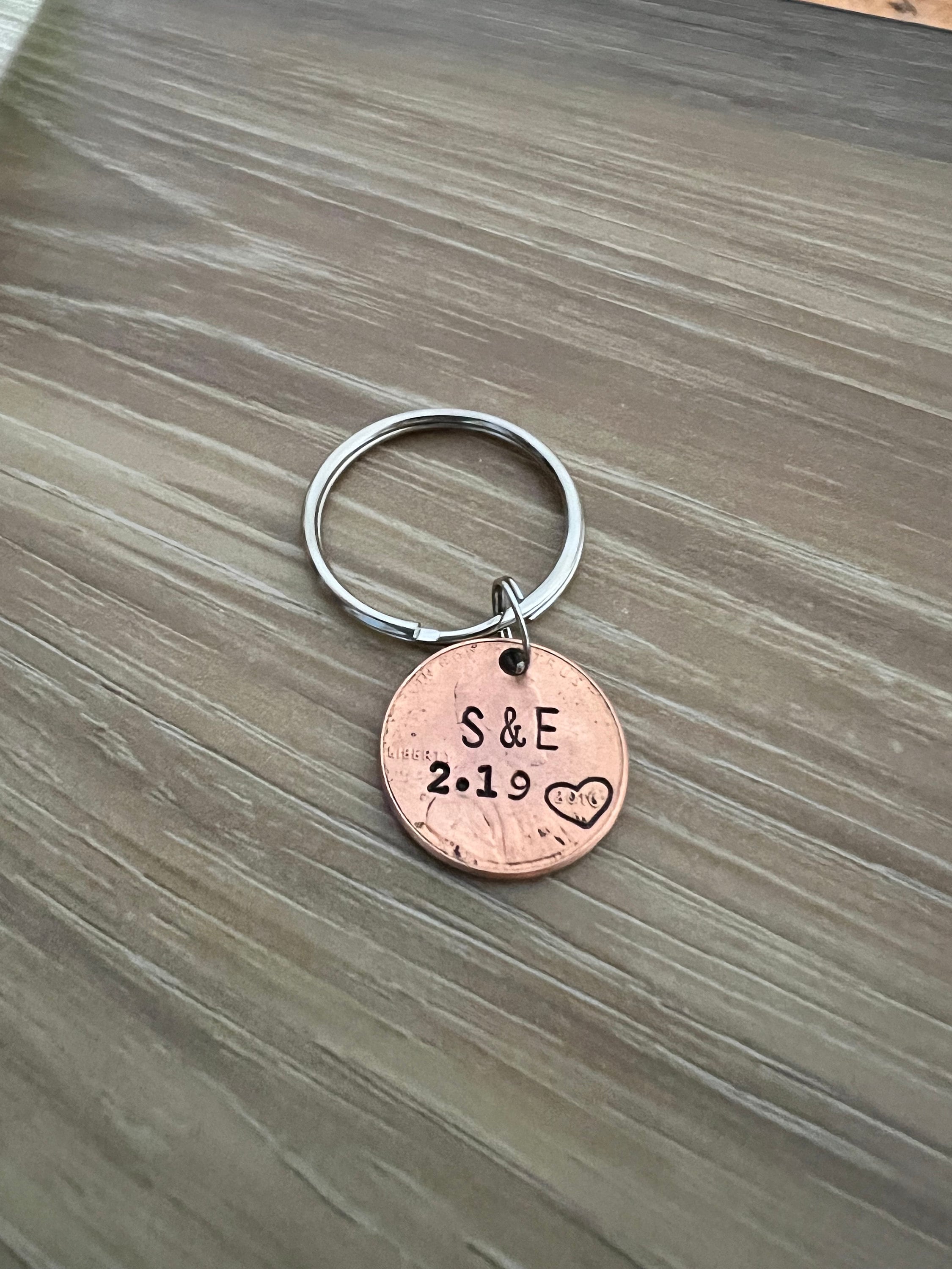 Hand Stamped Penny Keychain: Personalized Anniversary Date & Initials