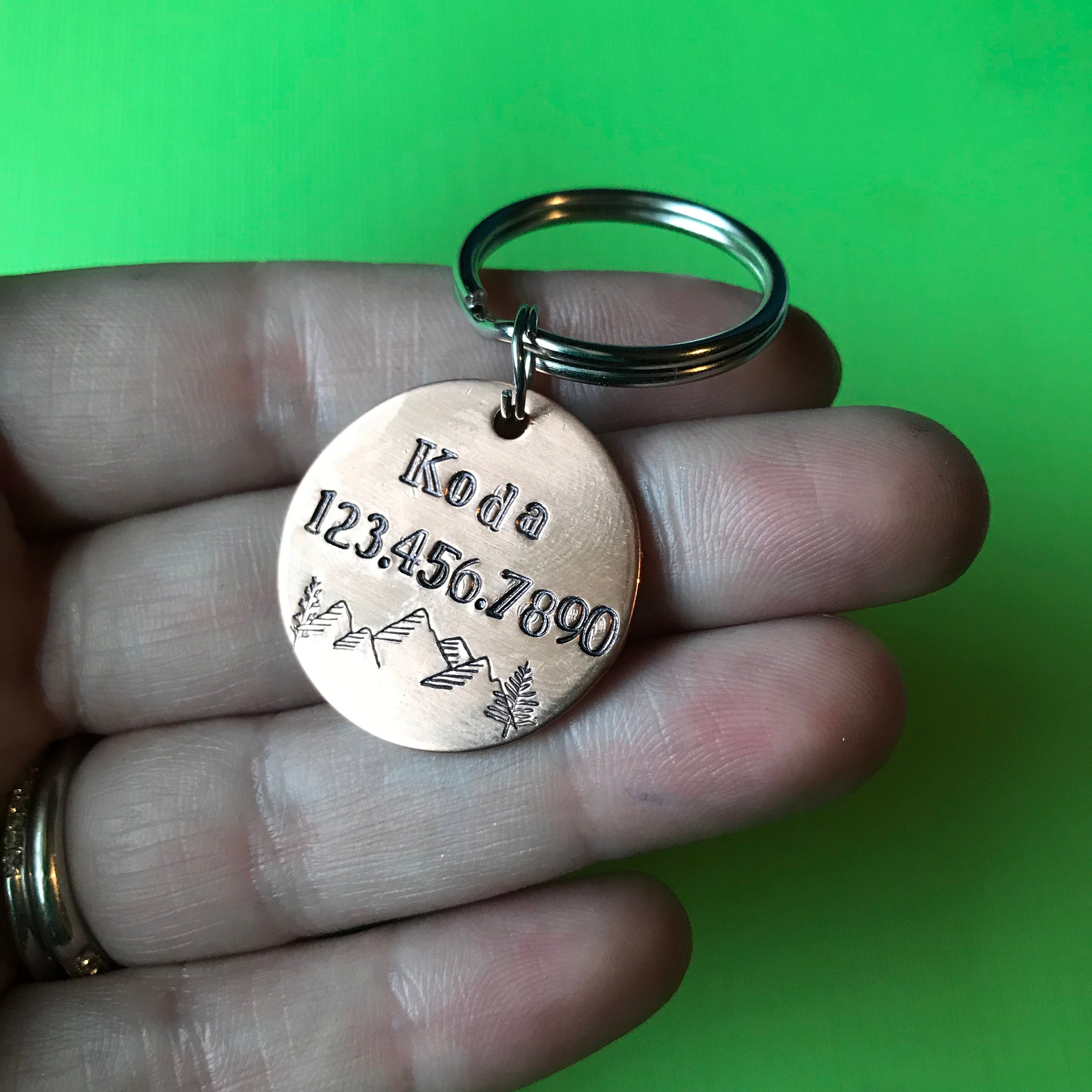Hand Stamped Pet ID Tag: Mountains and Forest, Custom Aluminum Brass Copper, view 3
