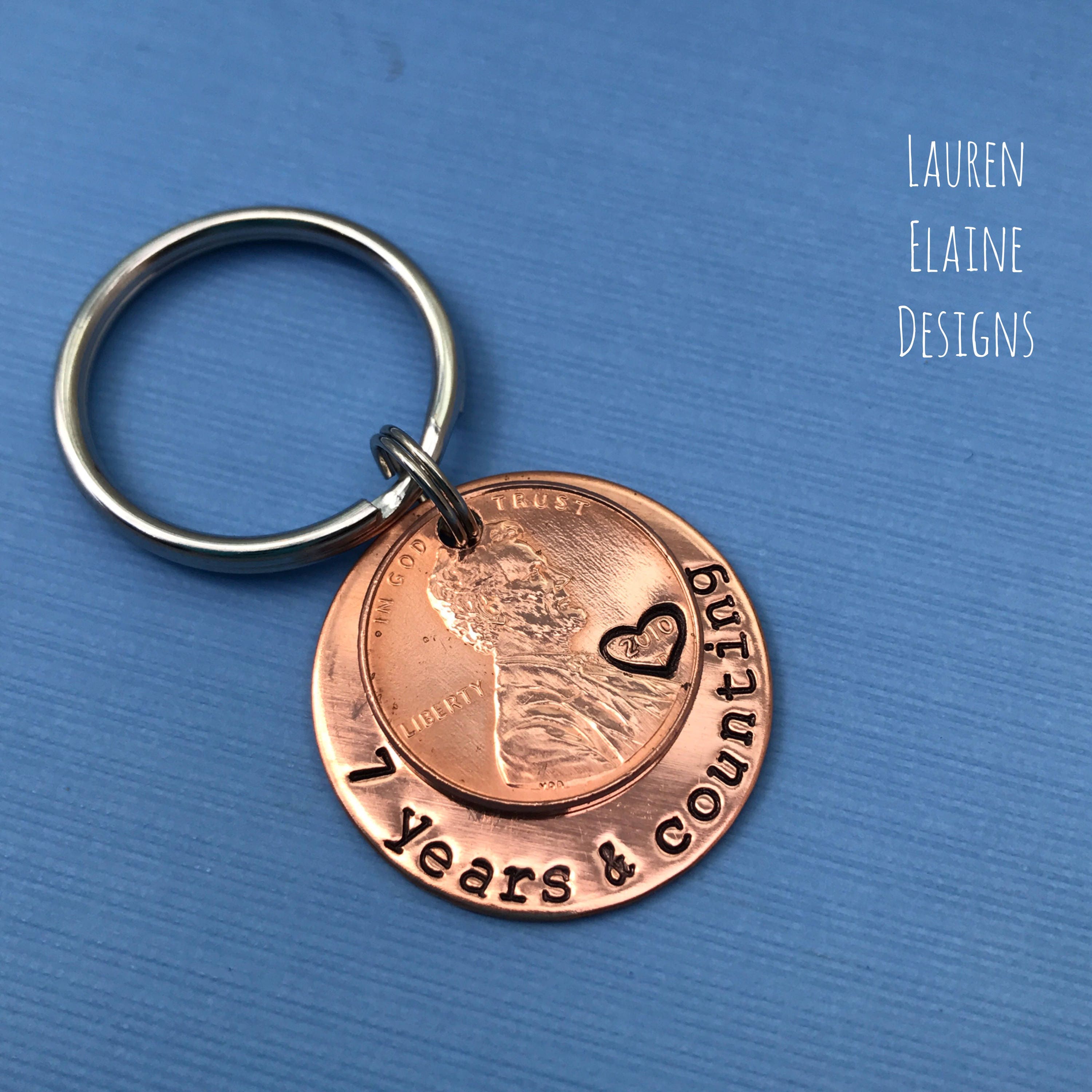 Custom Years and Counting Penny Keychain- Copper Anniversary Wedding Couples Gift- Hand Stamped Circle Charm With Penny- You Choose the Year, view 2