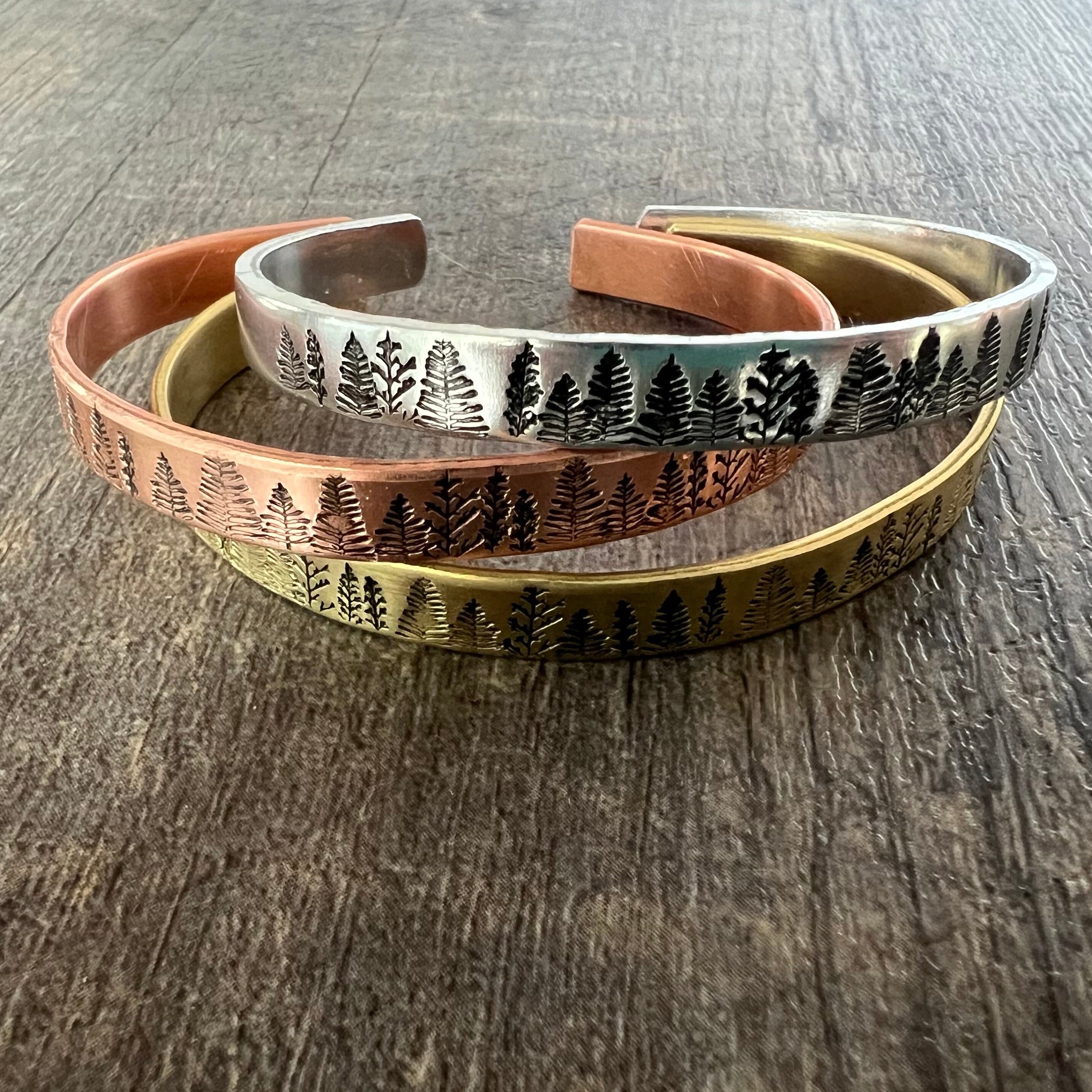 Hand Stamped Pine Tree Forest Cuff Bracelet: Personalized Hidden Message, view 2