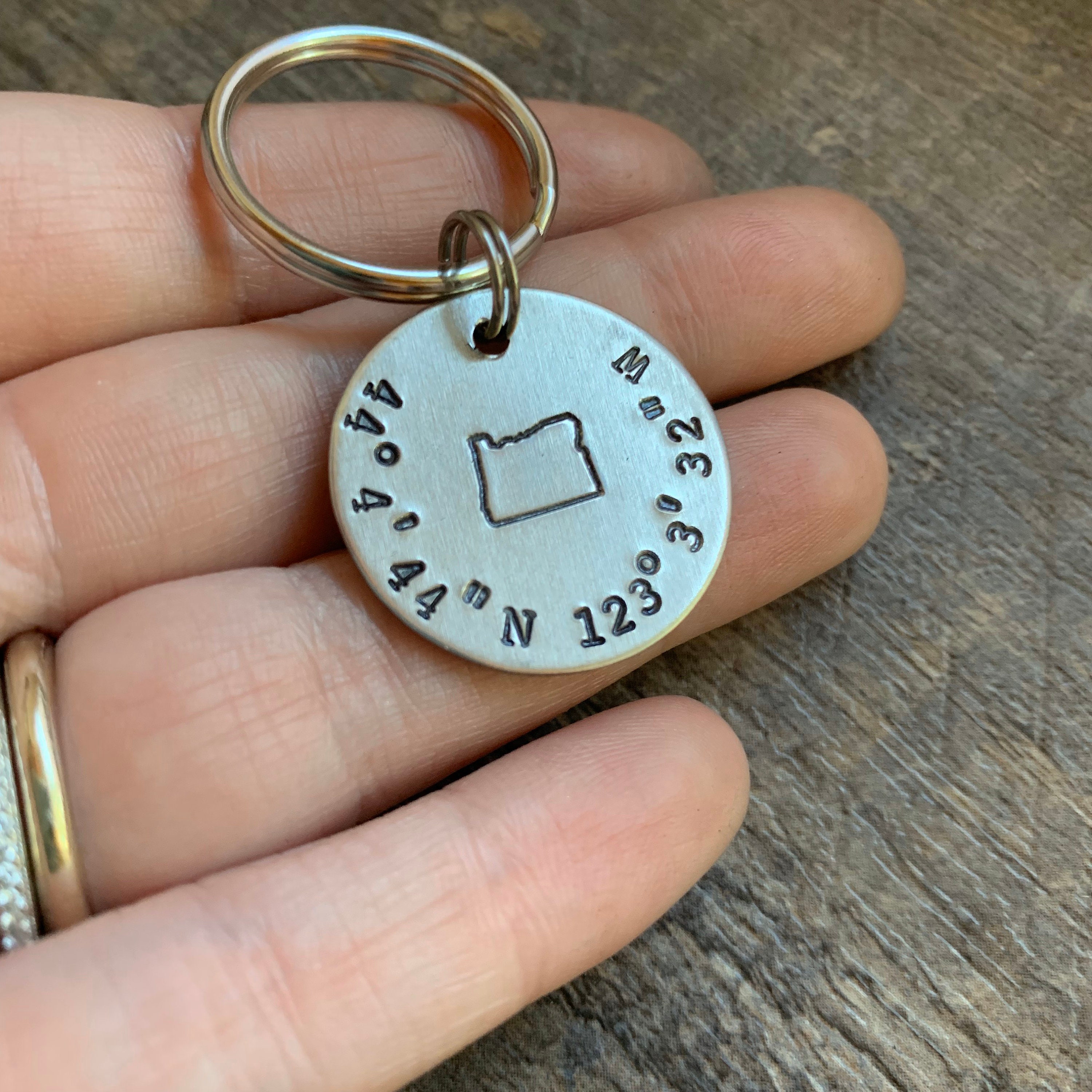 Custom State Coordinates Keychain- Hand Stamped Latitude Longitude Keychain, view 2