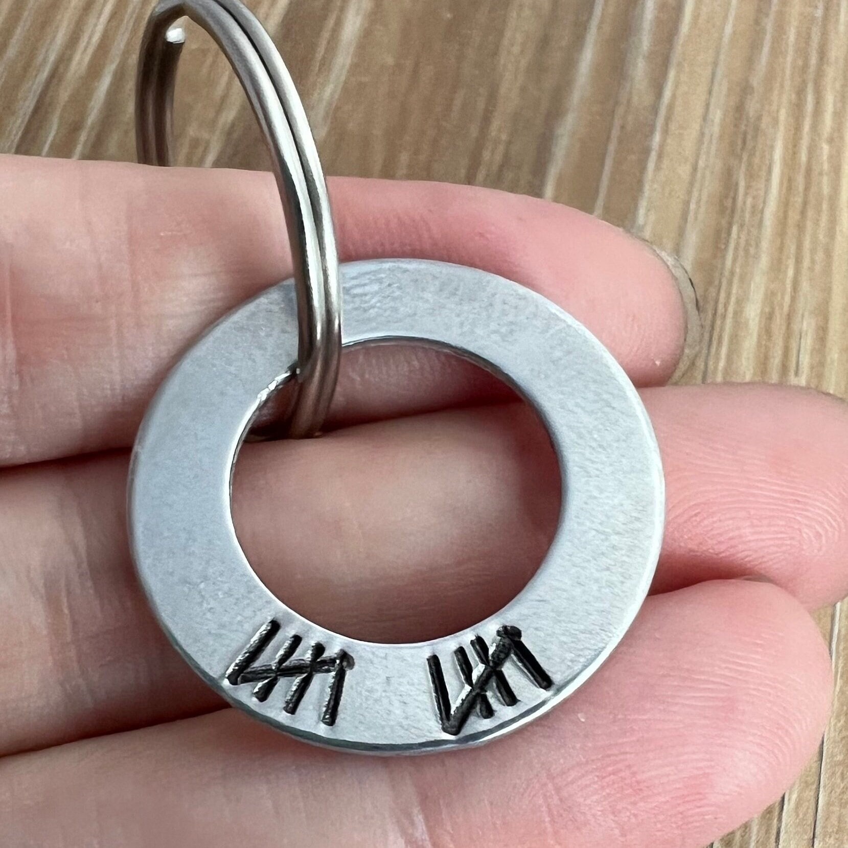Tally Mark Keychain for 10 Year Anniversary- Hand Stamped Aluminum Washer Keychain 10th Anniversary Gift for Him, view 4