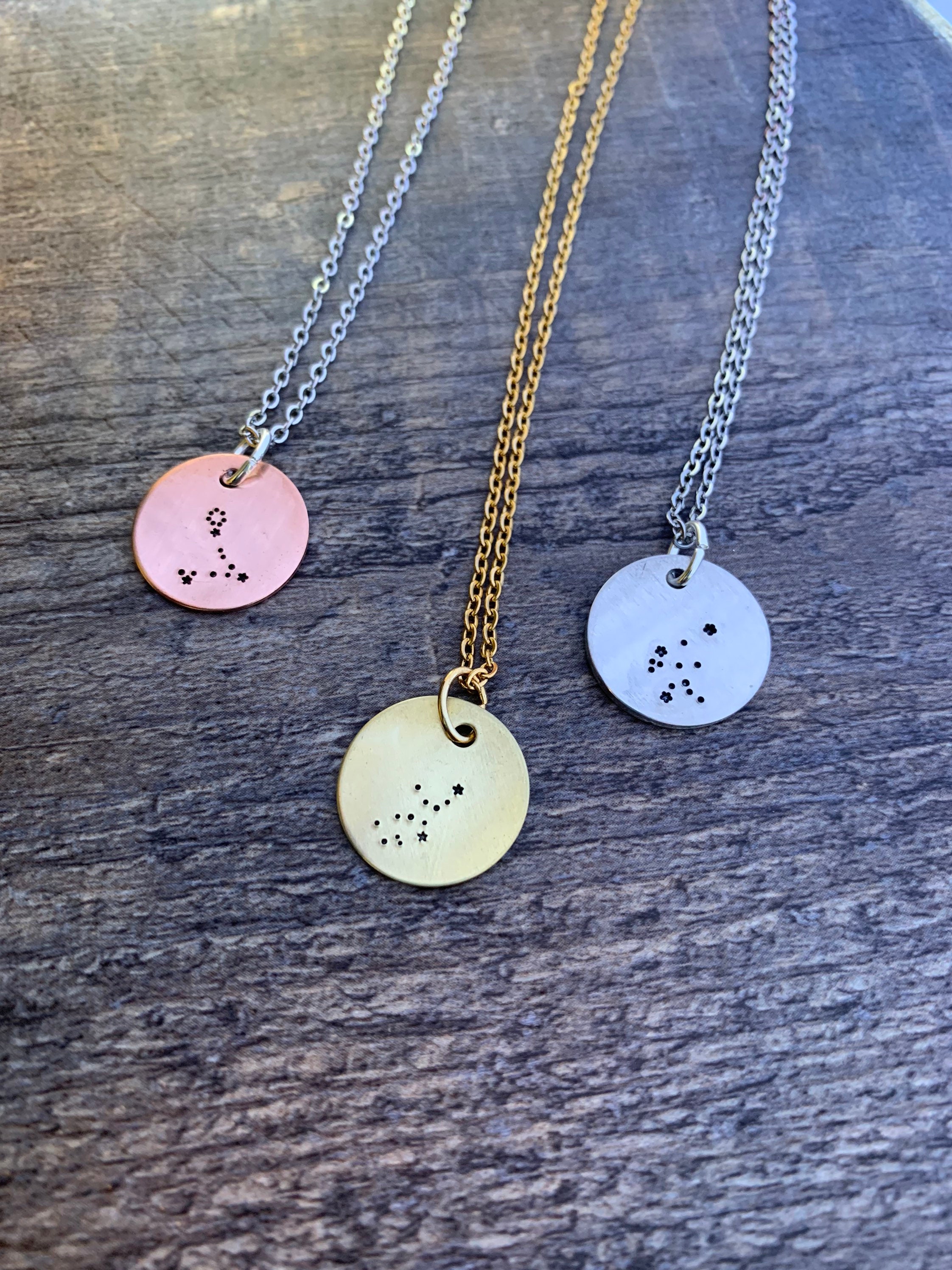 Zodiac Constellation Necklace: Hand Stamped Brass, Copper, or Aluminum Charm, view 2