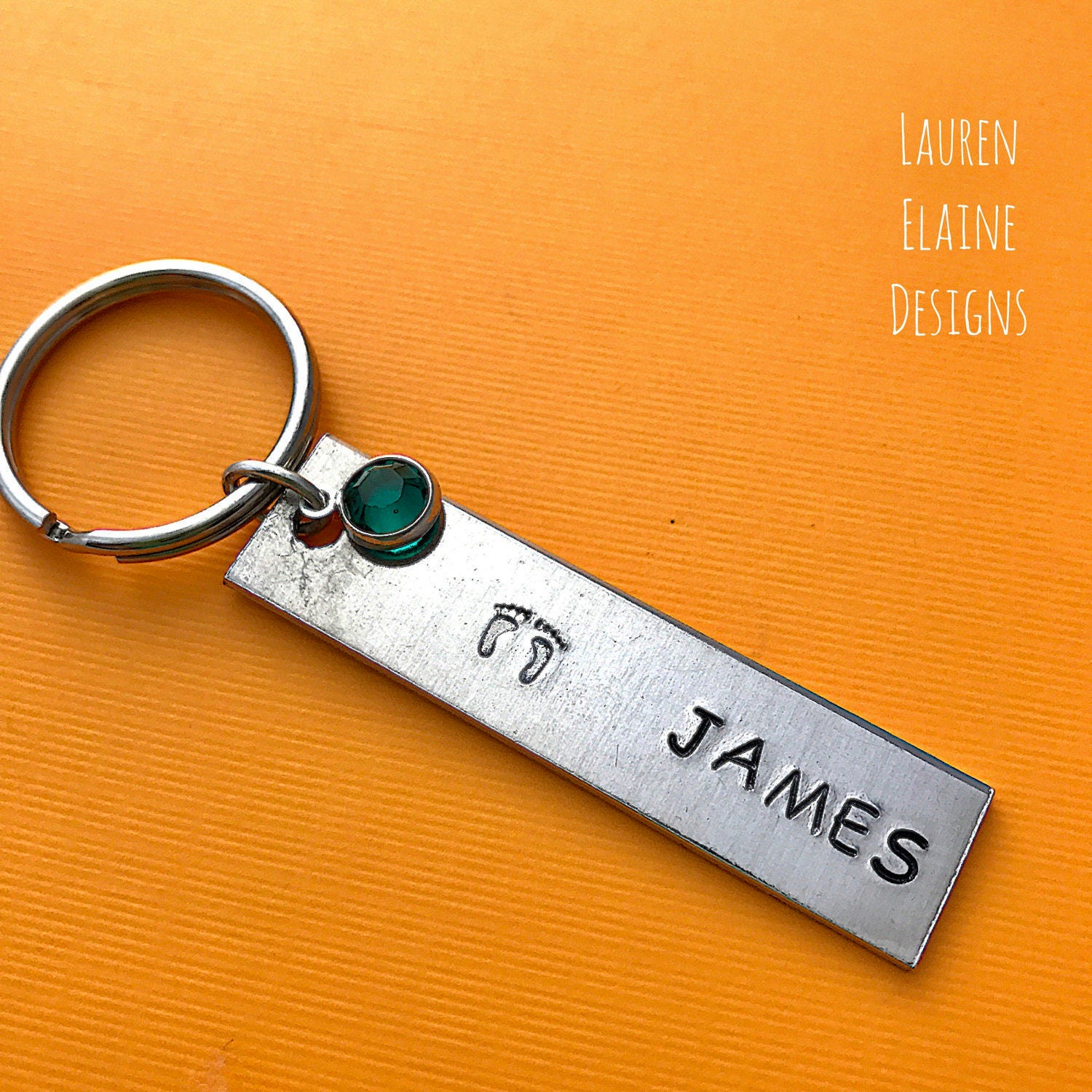 Baby Name and Birthstone Custom Hand Stamped Keychain- Personalized Aluminum Rectangle Charm, view 2