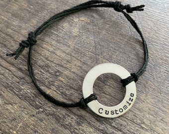 Custom Hand Stamped Aluminum Washer Hemp Bracelet- Choose Color and Font