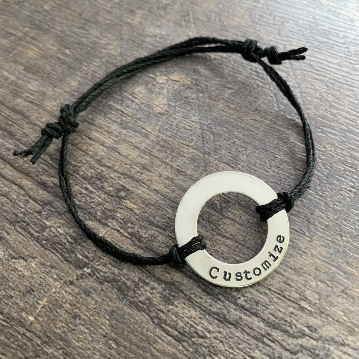 Custom Hand Stamped Aluminum Washer Hemp Bracelet- Choose Color and Font