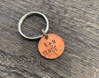 Personalized Couple Initials & "Since" Year -Hand Stamped Lucky Penny Keychain- Anniversary Gift- Choose the Year and Add Initials