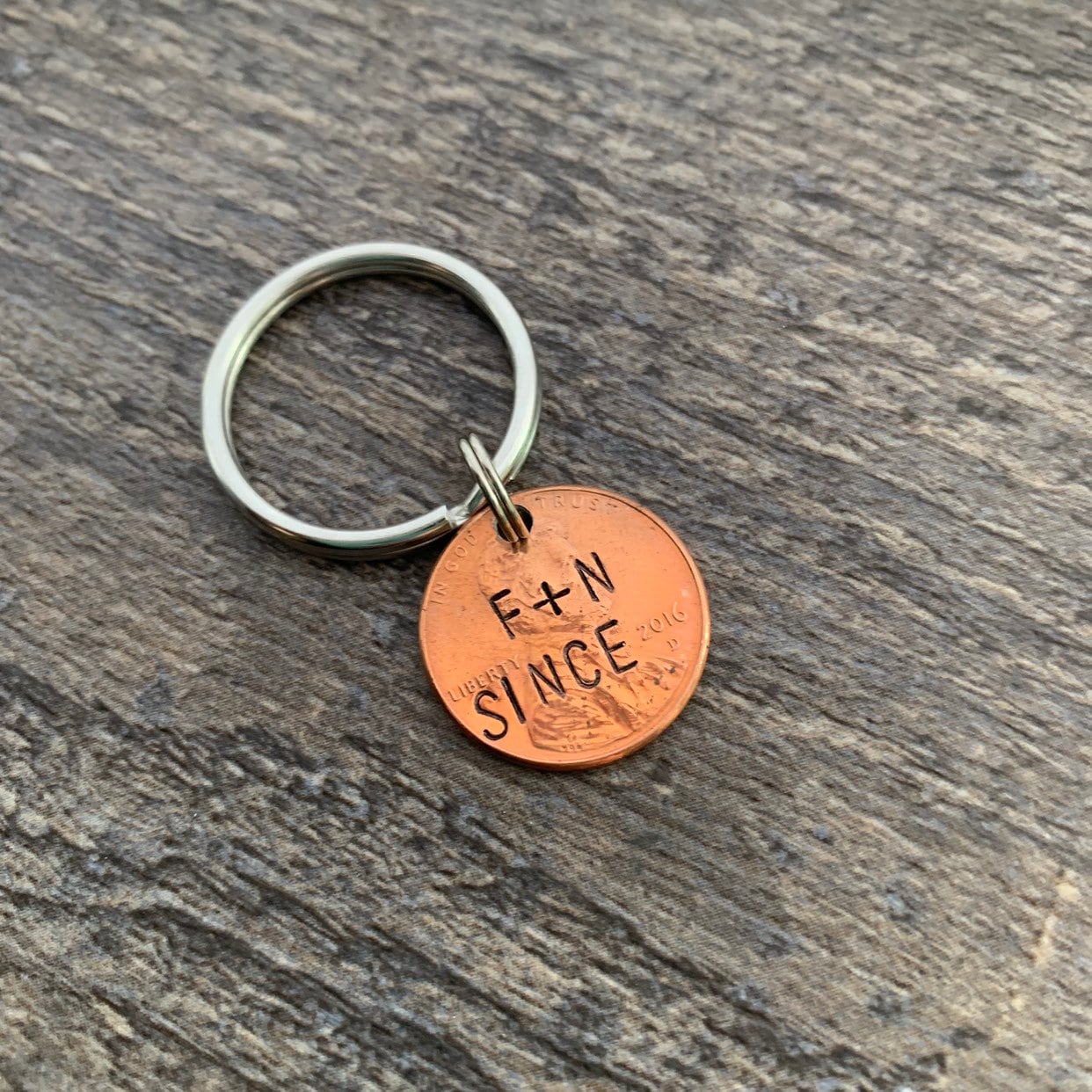 Personalized Couple Initials & "Since" Year -Hand Stamped Lucky Penny Keychain- Anniversary Gift- Choose the Year and Add Initials