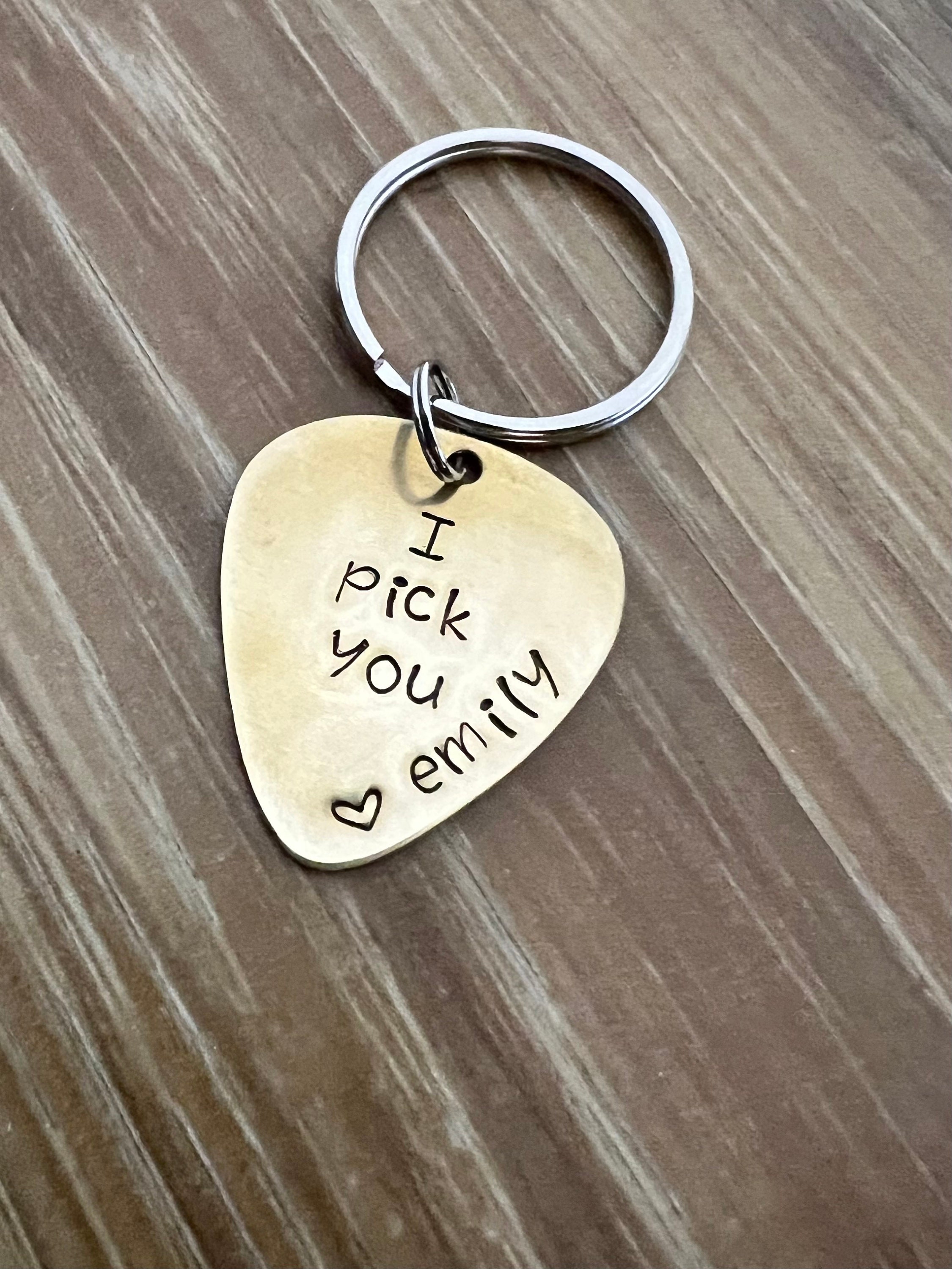 Hand Stamped Guitar Pick Keychain: Custom Name, Brass Copper Aluminum, view 2