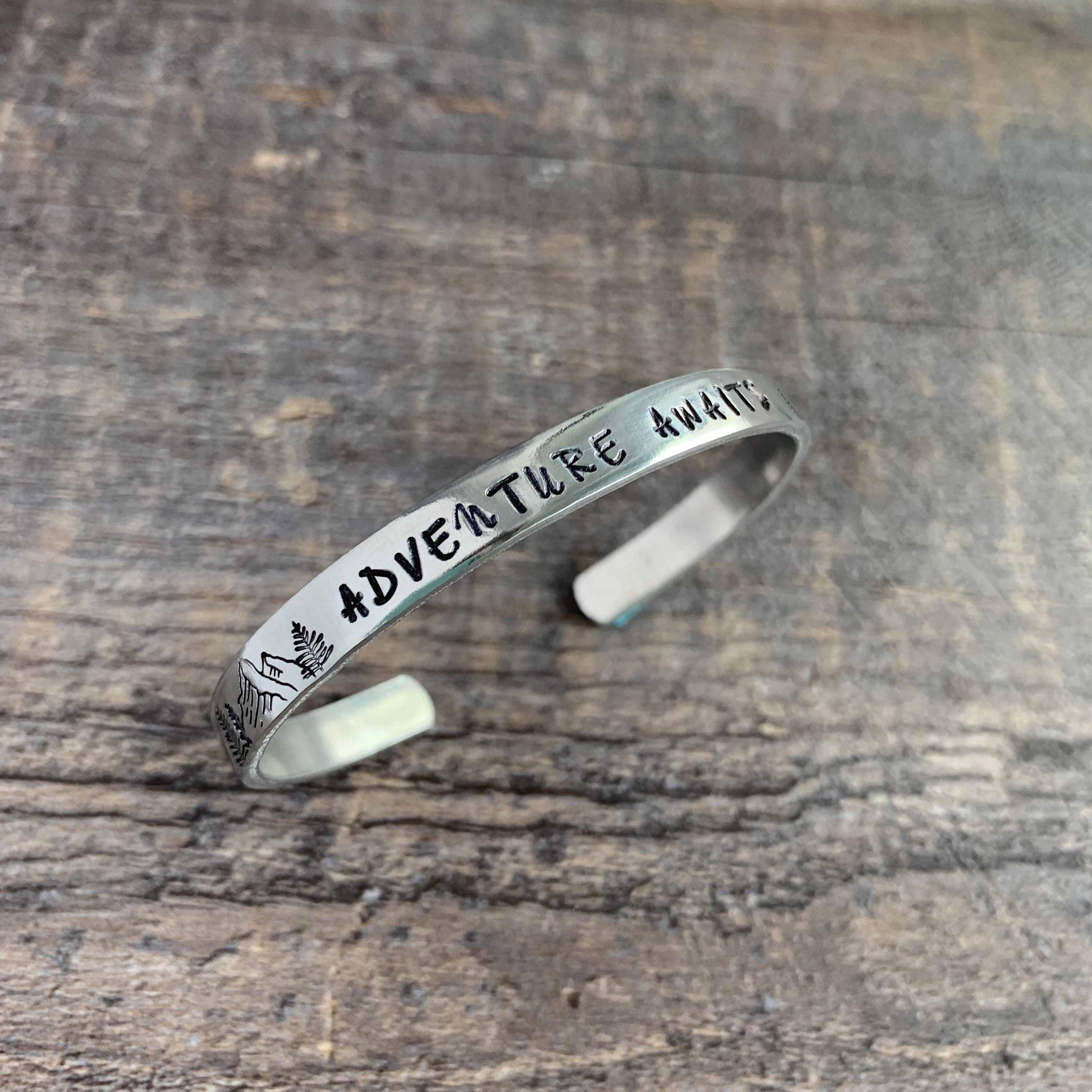 Adventure Awaits- Hand Stamped Cuff Bracelet- Aluminum, Copper, Brass, or Sterling Silver