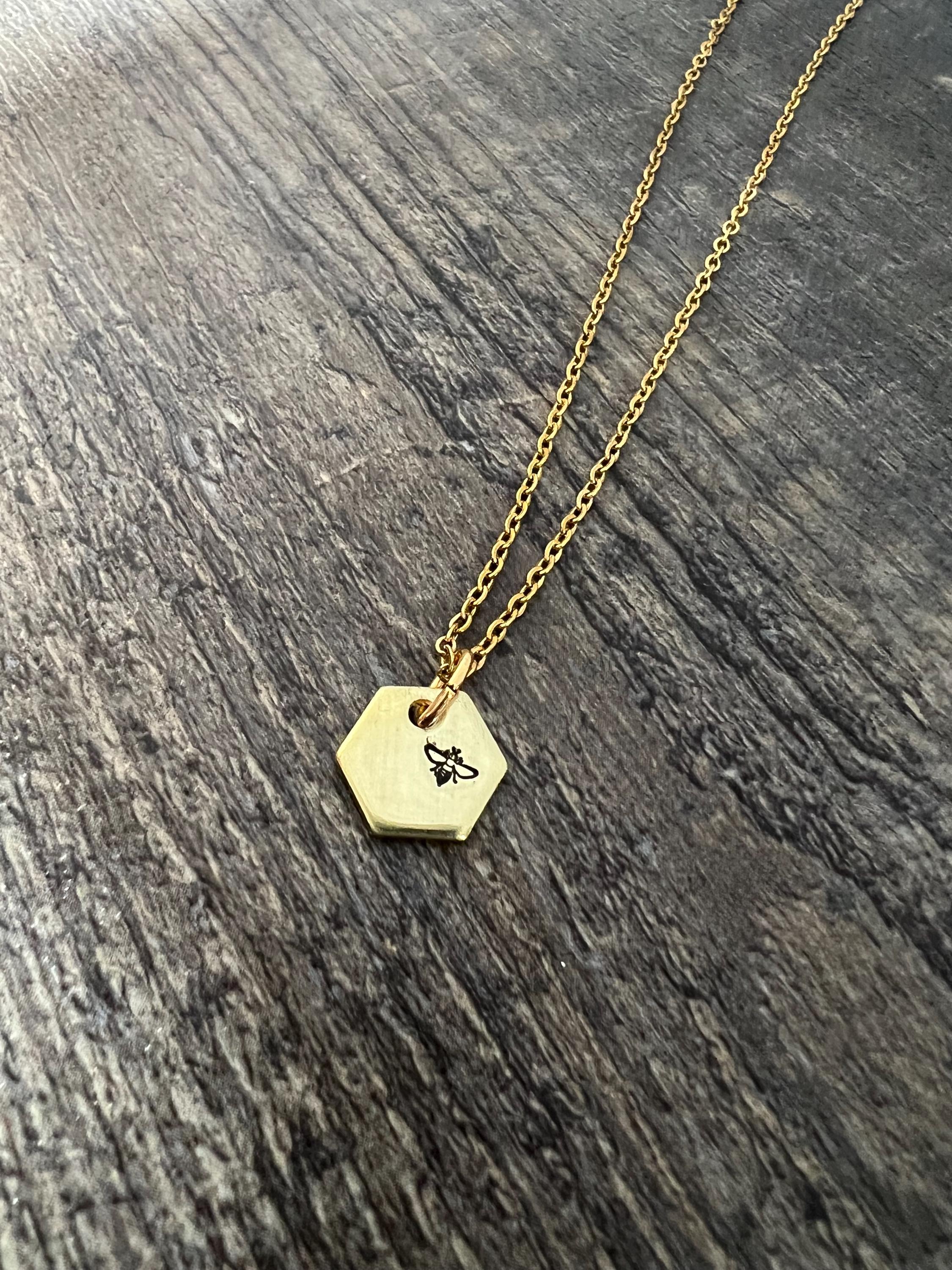 Gold Bee Honeycomb Charm Necklace- Hand Stamped, view 2