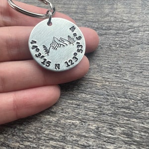 Custom Coordinates Keychain With Mountains Forest Design Hand Stamped Latitude Longitude Keychain image 4