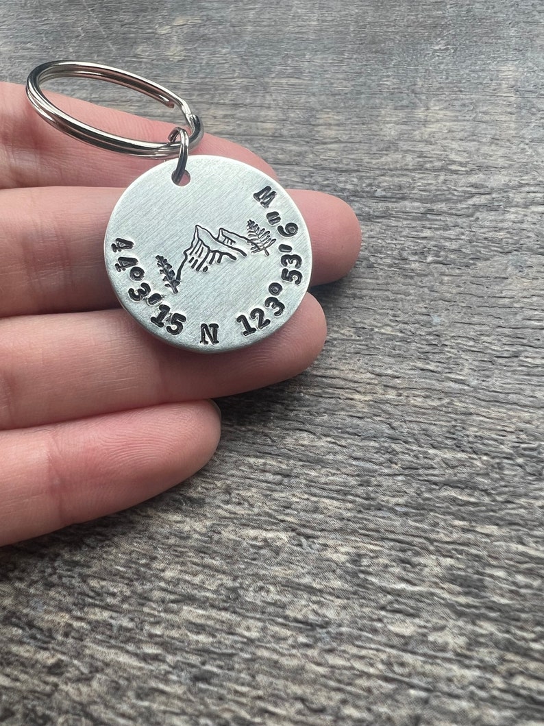 Custom Coordinates Keychain With Mountains Forest Design Hand Stamped Latitude Longitude Keychain image 4