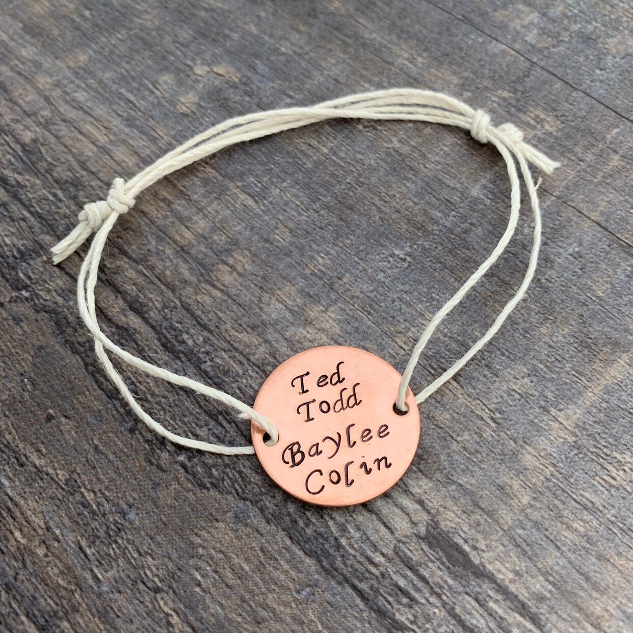 Custom Hand Stamped Copper Circle Charm Hemp Bracelet (Pick your Phrase, Font, and Color)