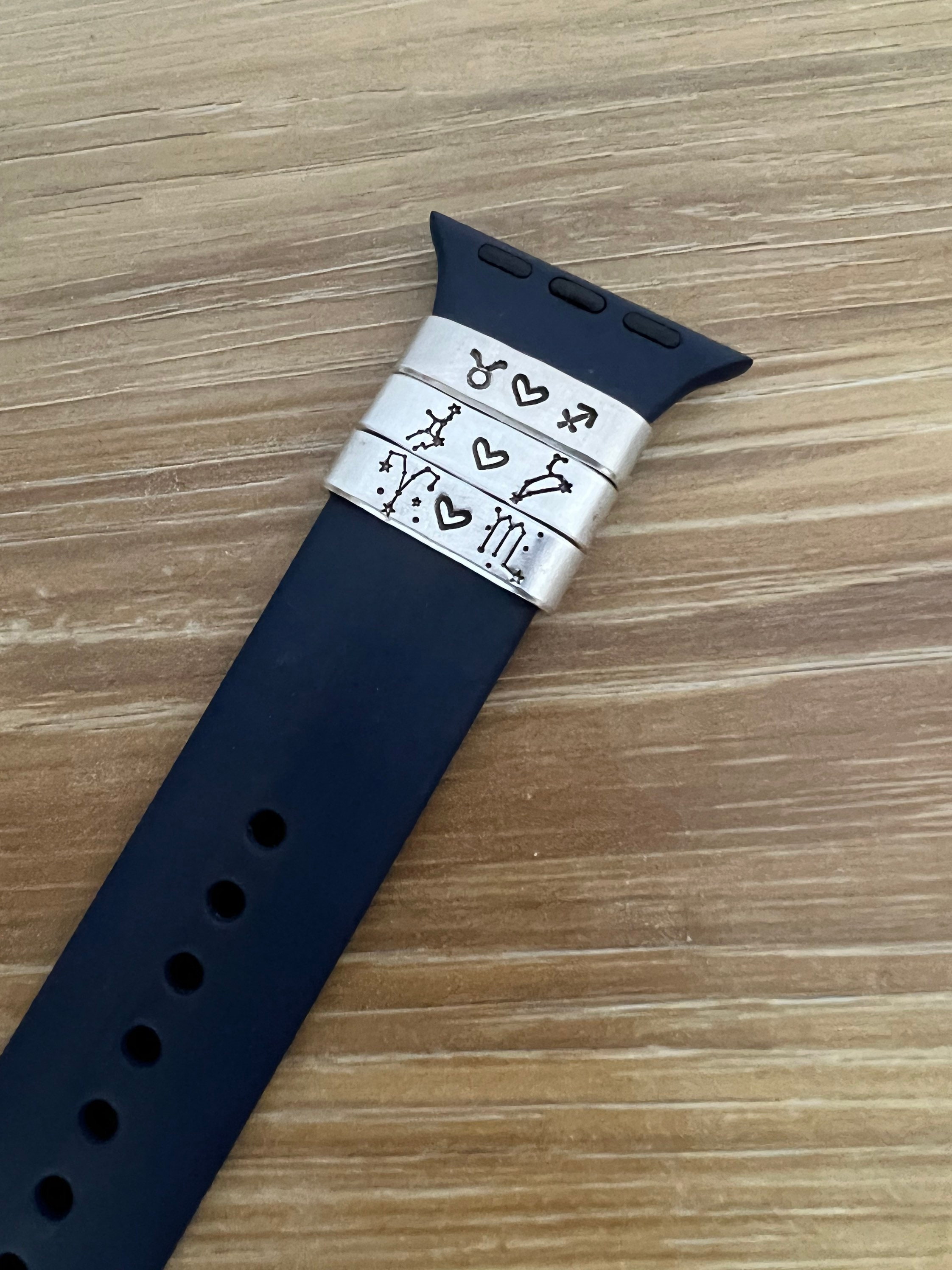 Hand Stamped Zodiac Couple Watch Band Charm: Aluminum Smart Watch Tag, view 2