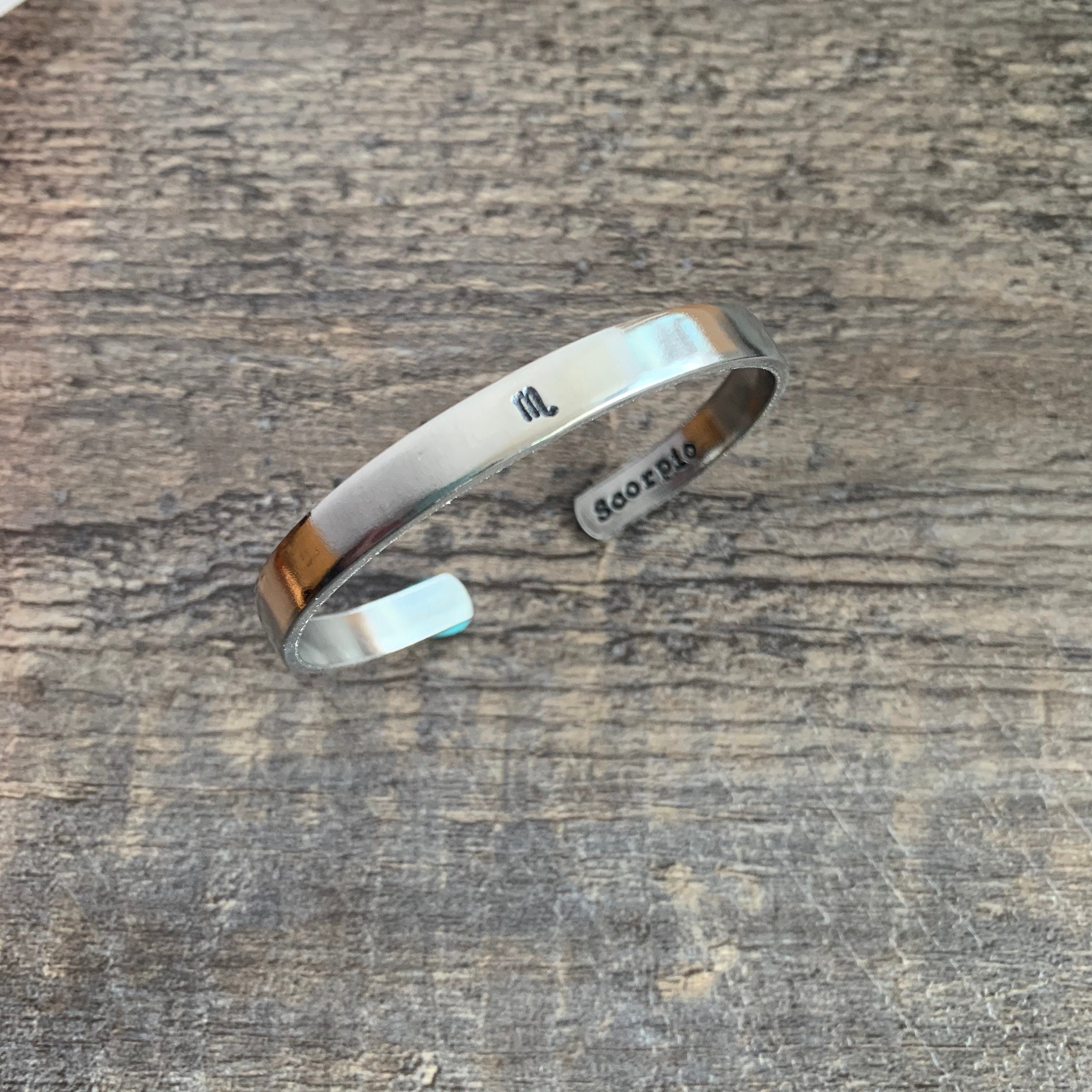 Hand Stamped Zodiac Sign Cuff Bracelet: Aluminum, Brass, Copper, Sterling Silver
